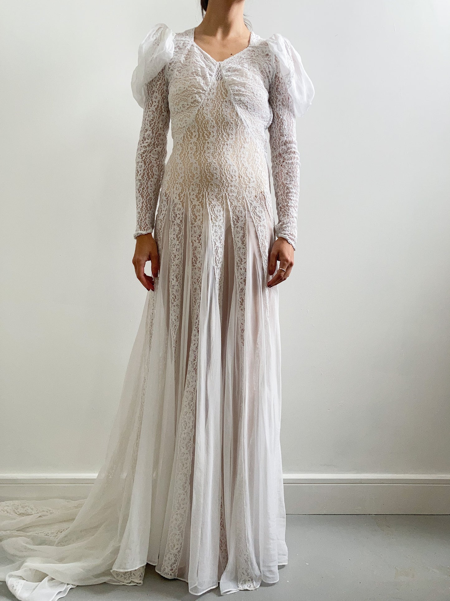 1930s Lace and Puff Sleeve Wedding Dress with Catherdal Train