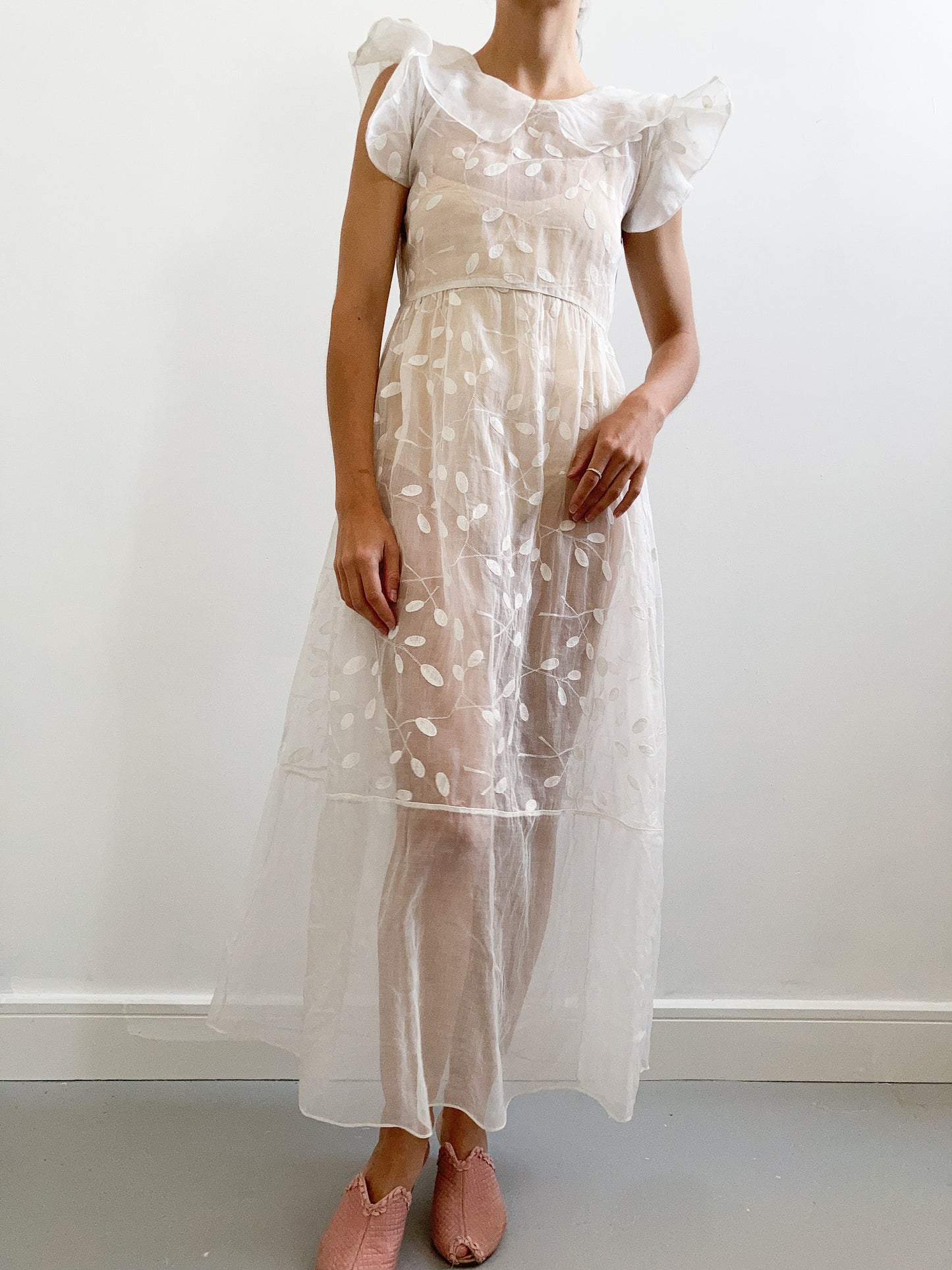 1930s Leaf Embroidered Cotton Organdy Dress