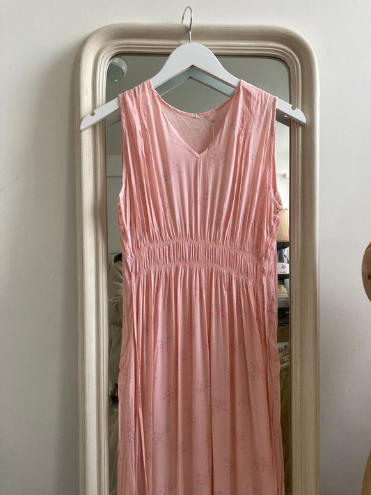 1930s Pink Garden Floral Pleated Crepe Slip Gown