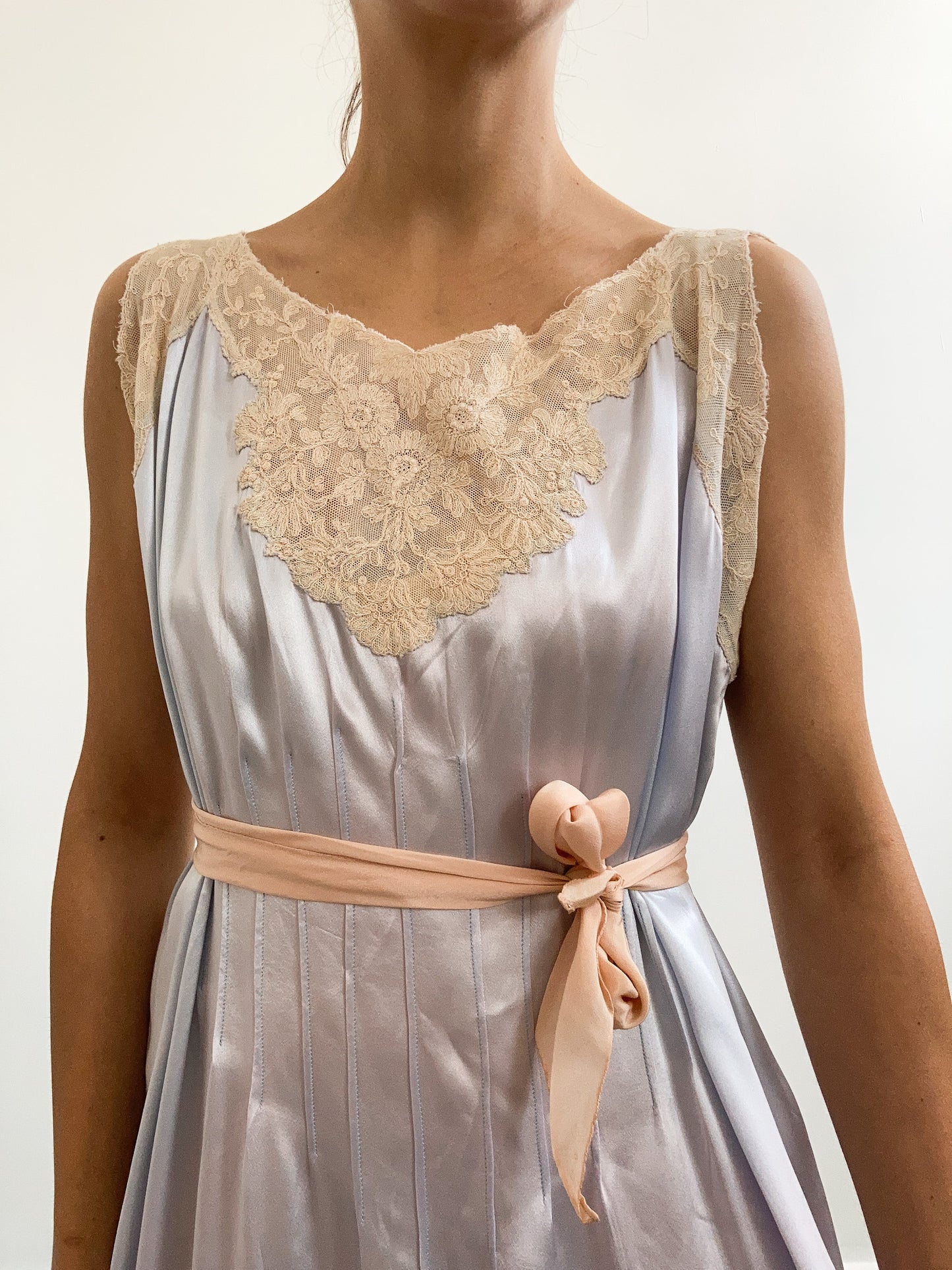 1920s Blue Silk Satin Slip with Champagne Lace Trims