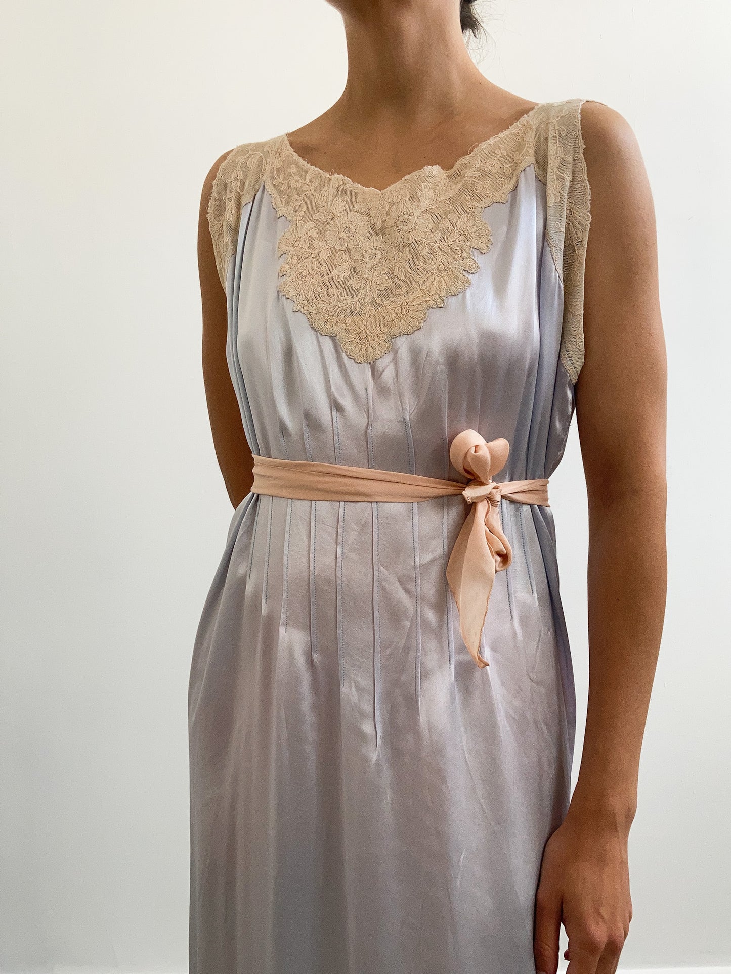 1920s Blue Silk Satin Slip with Champagne Lace Trims