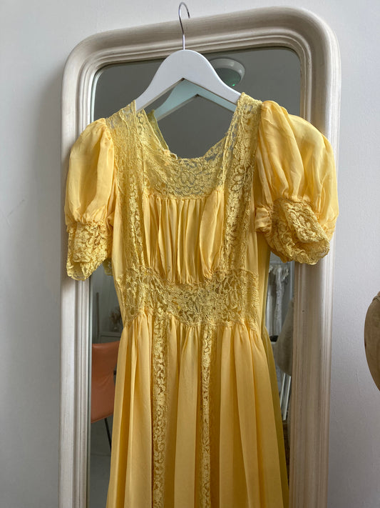 1930s Yellow Chiffon & Lace Puff Sleeve Dress with Button Back