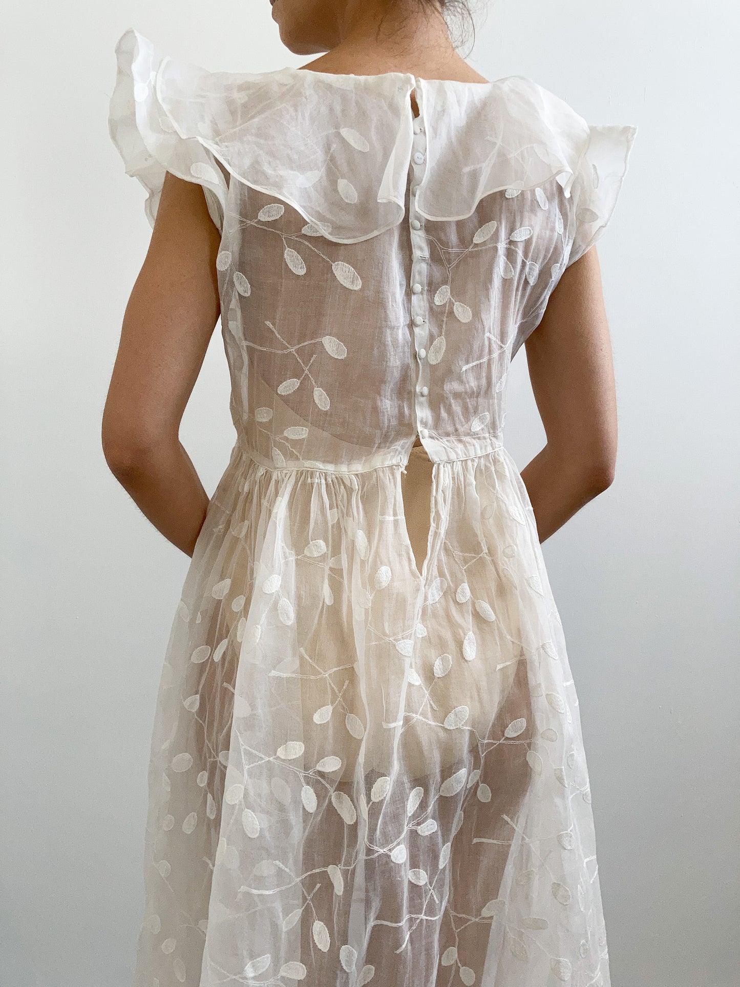 1930s Leaf Embroidered Cotton Organdy Dress