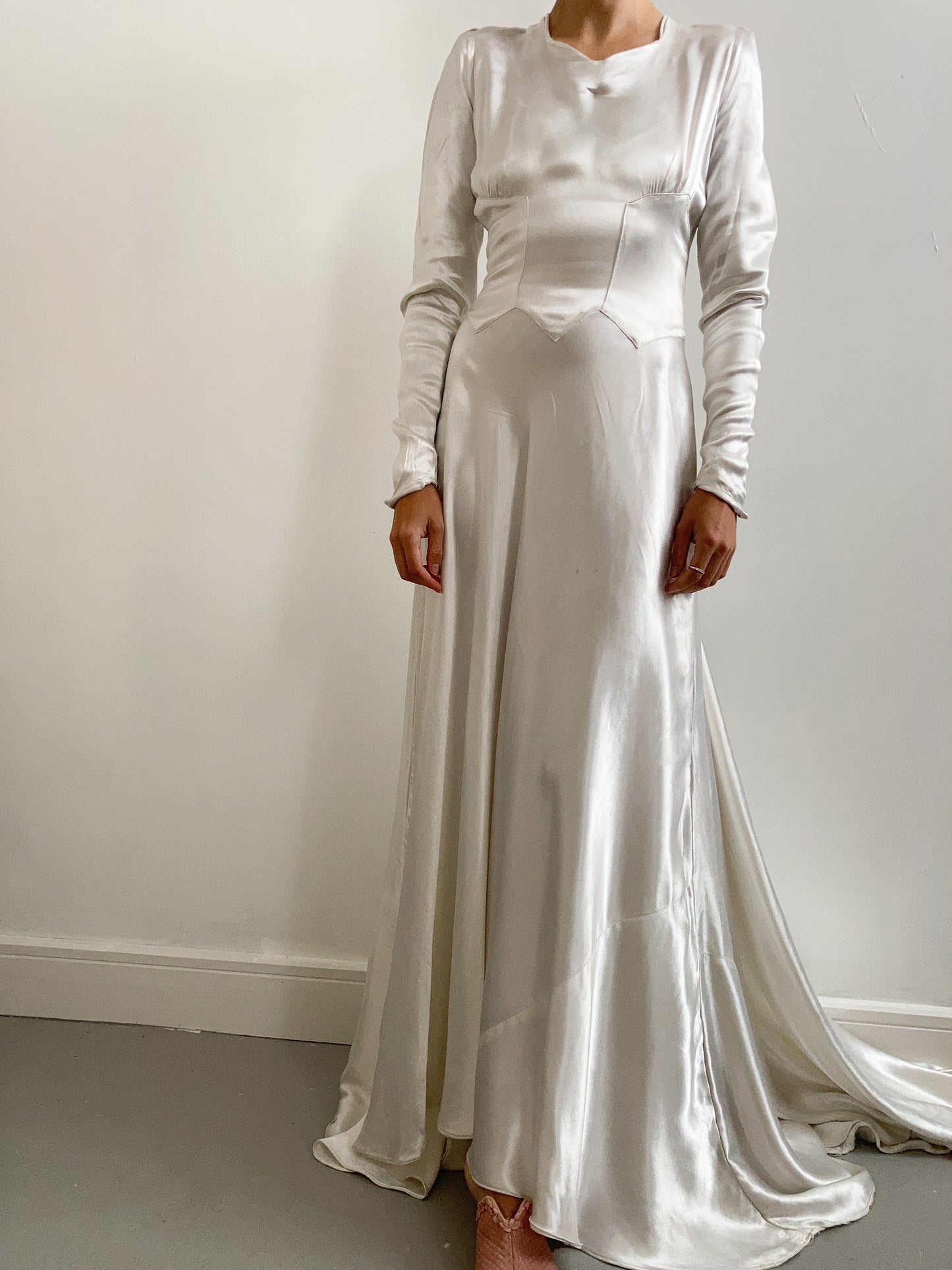 1930s Slipper Satin Ivory Wedding Dress with Button Back