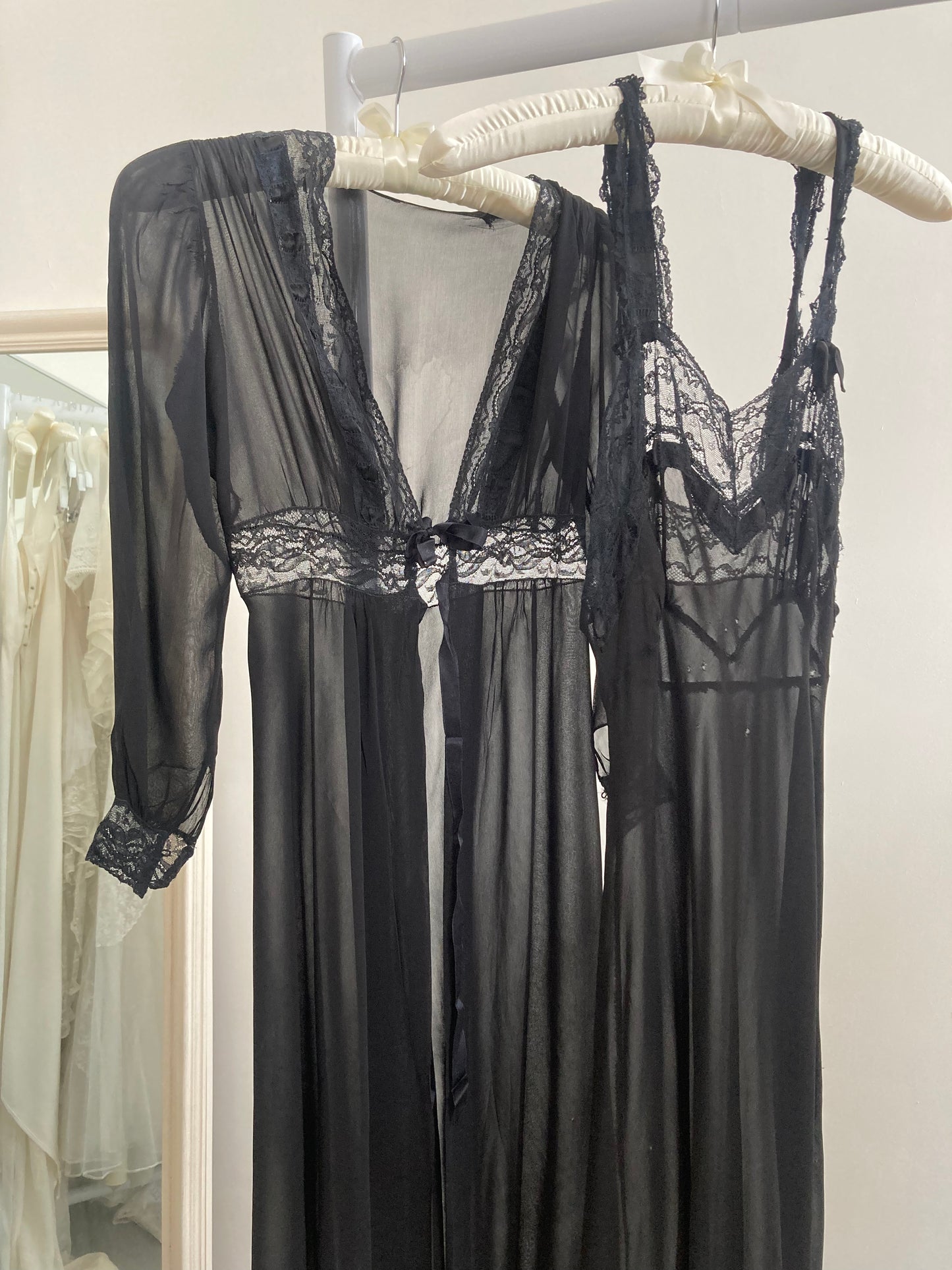 1930s Black Chiffon and Lace Slip and Robe Set