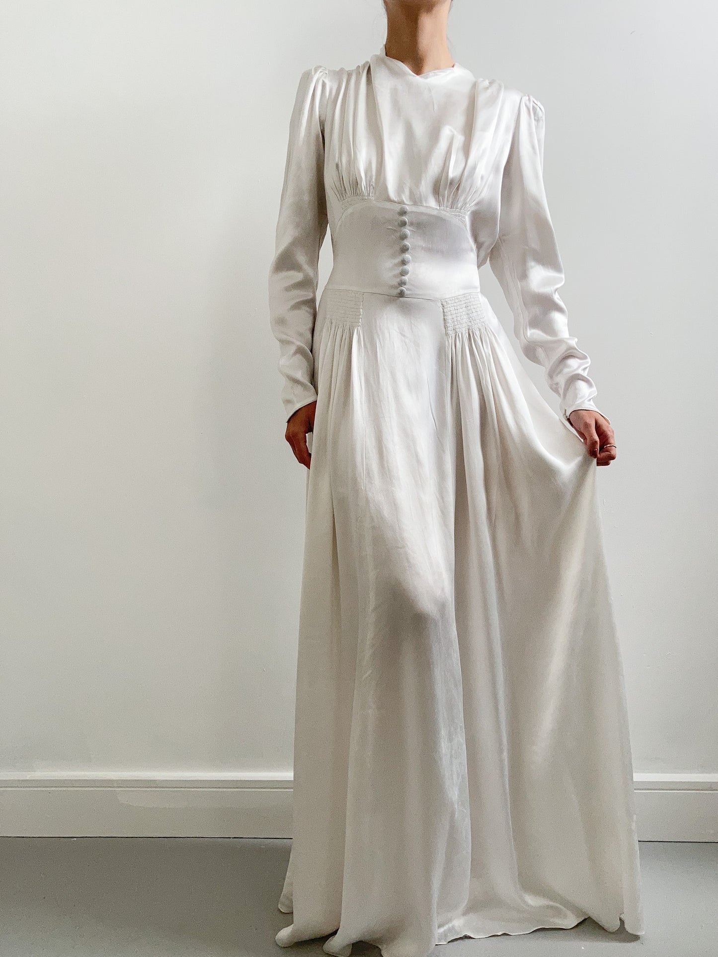 1940s Ivory Satin Wedding Dress with Buttons