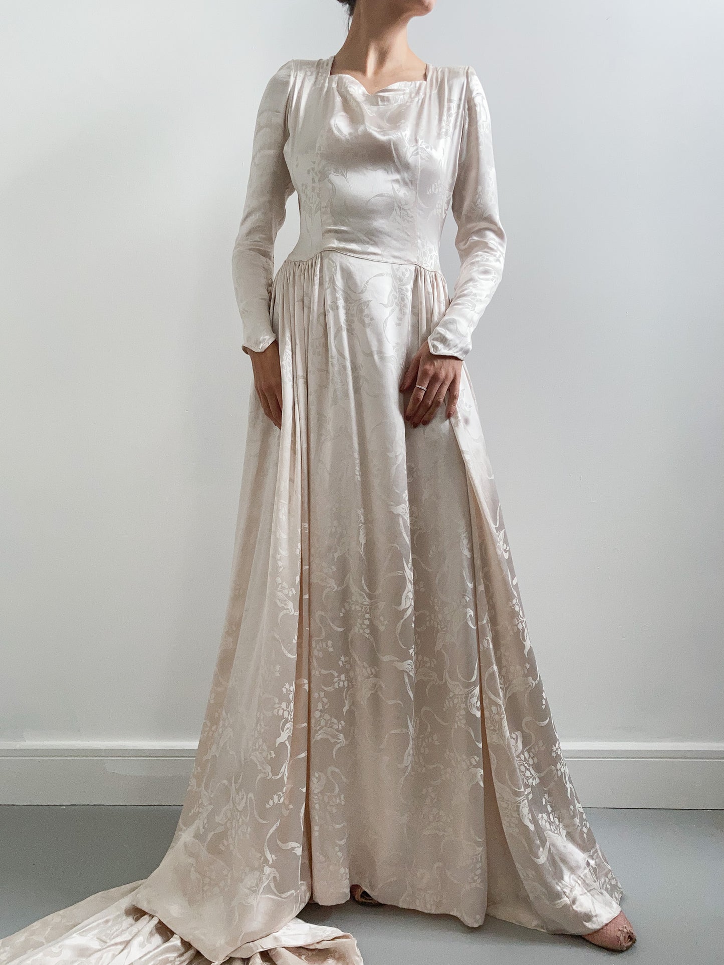 1920s Oyster Silk Floral Wedding Dress with Train