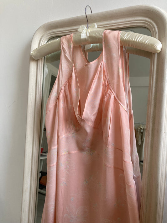 1940s Pink Gathered Slip Gown with Floral Print