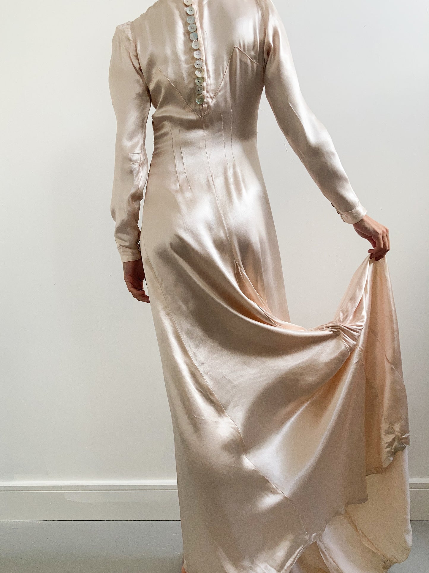 1930s Pink Champagne Silk Gathered Wedding Dress