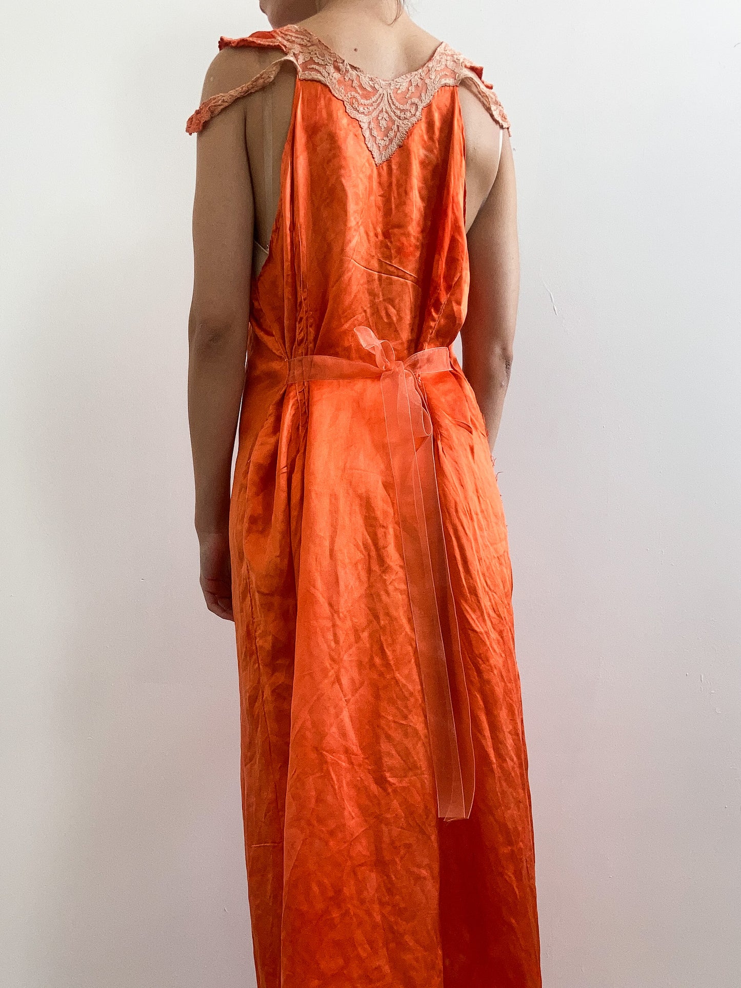 1930s Hand Dyed Silk Satin Slip with Lace and Cap Sleeves
