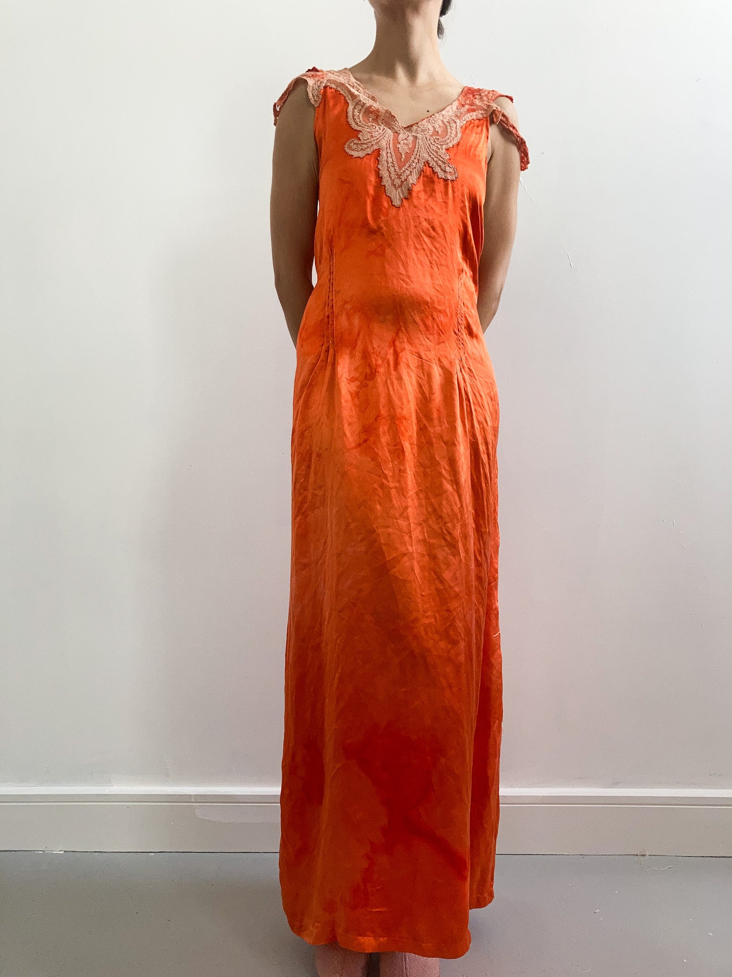 1930s Hand Dyed Silk Satin Slip with Lace and Cap Sleeves