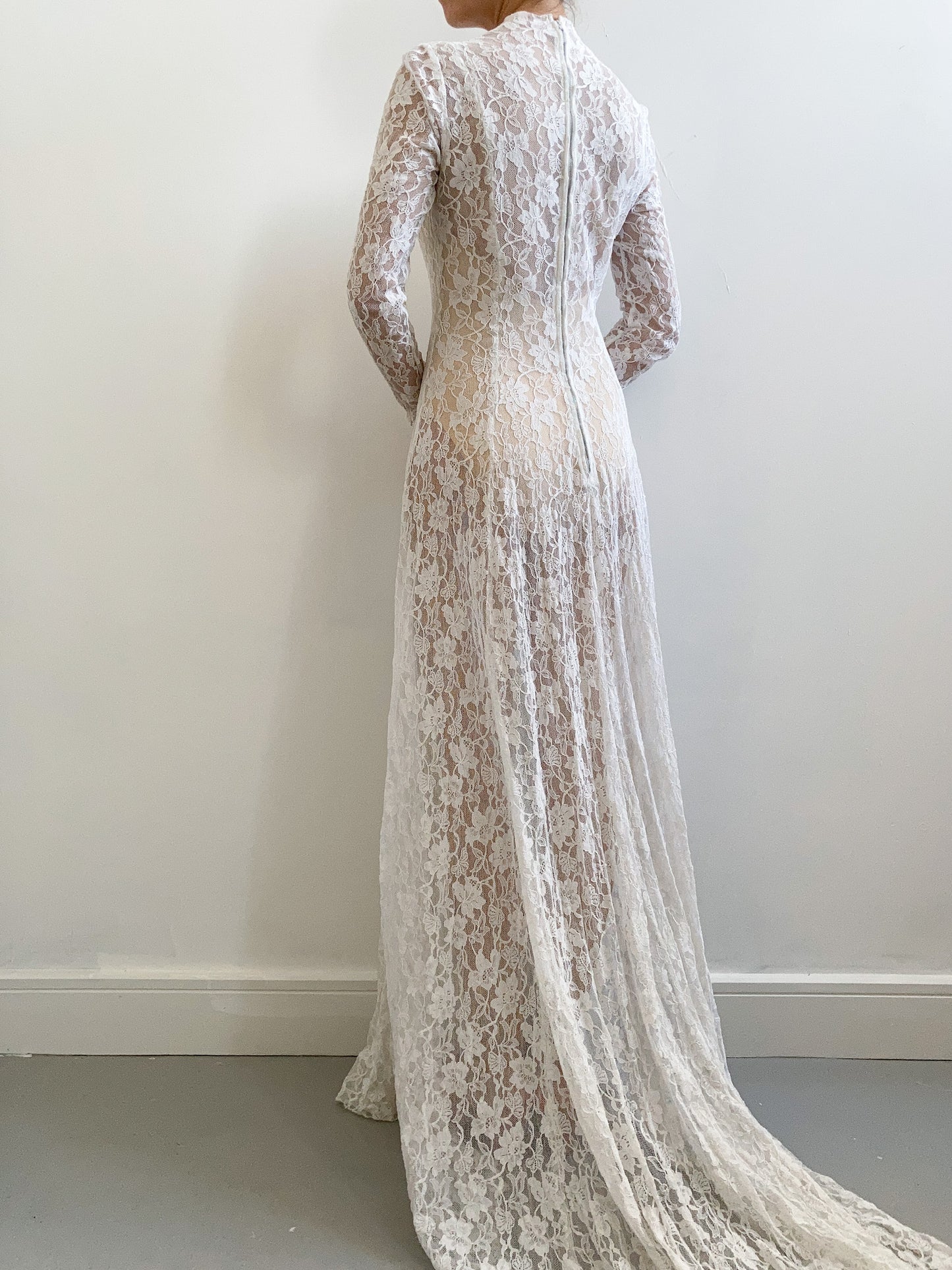 1940s All Floral Lace Wedding Gown with Train