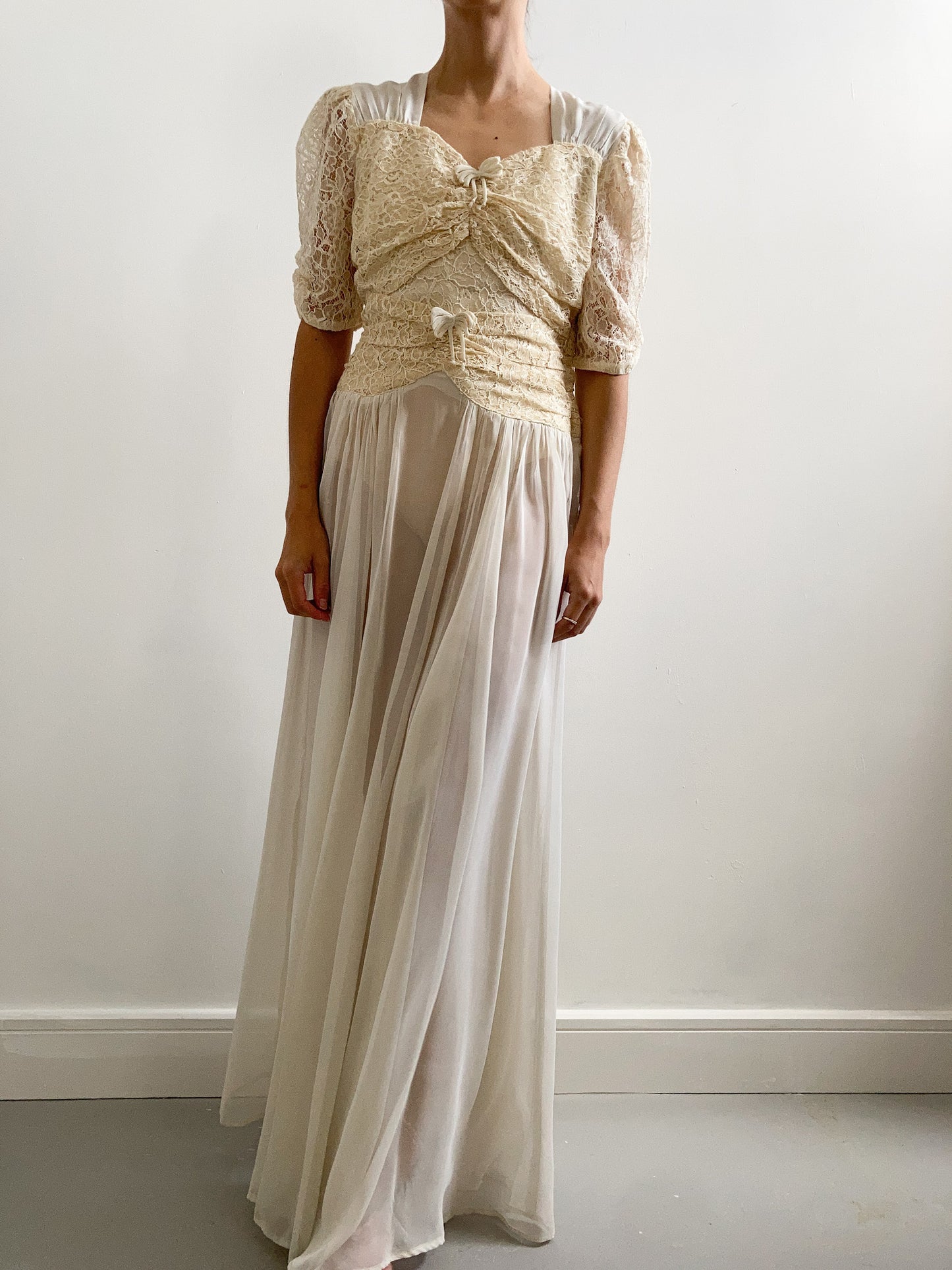 1940s Champagne Lace and Chiffon Wedding Dress with Bows