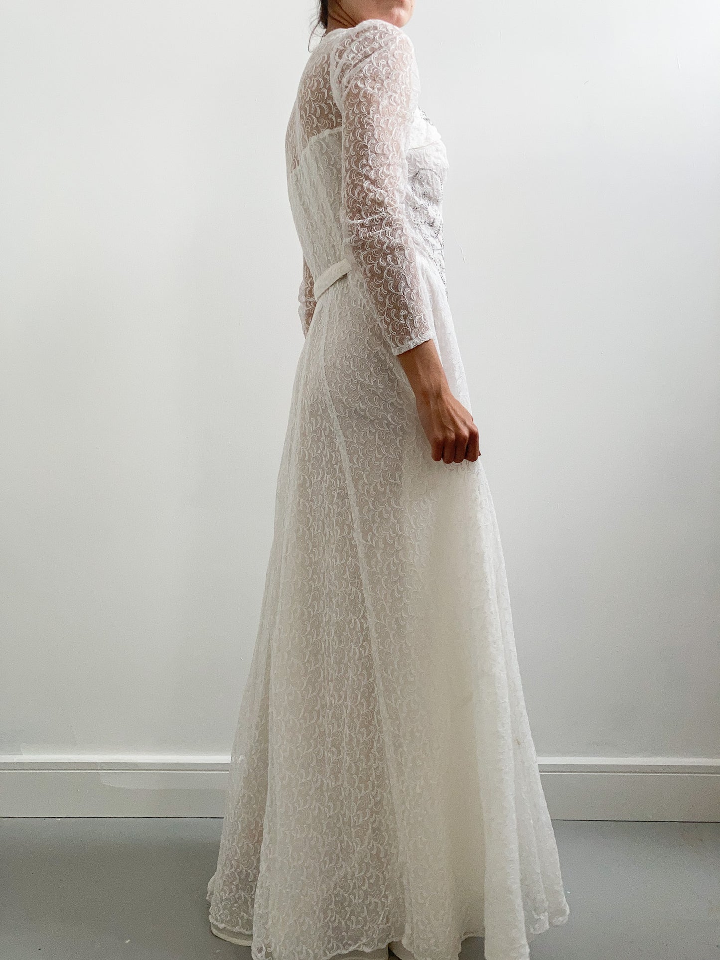 1940s Floral Lace Beaded Wedding Dress