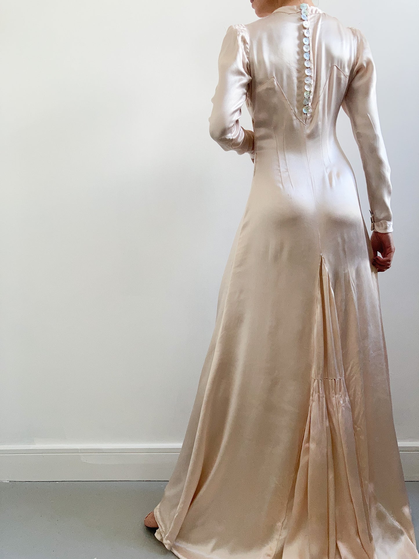 1930s Pink Champagne Silk Gathered Wedding Dress