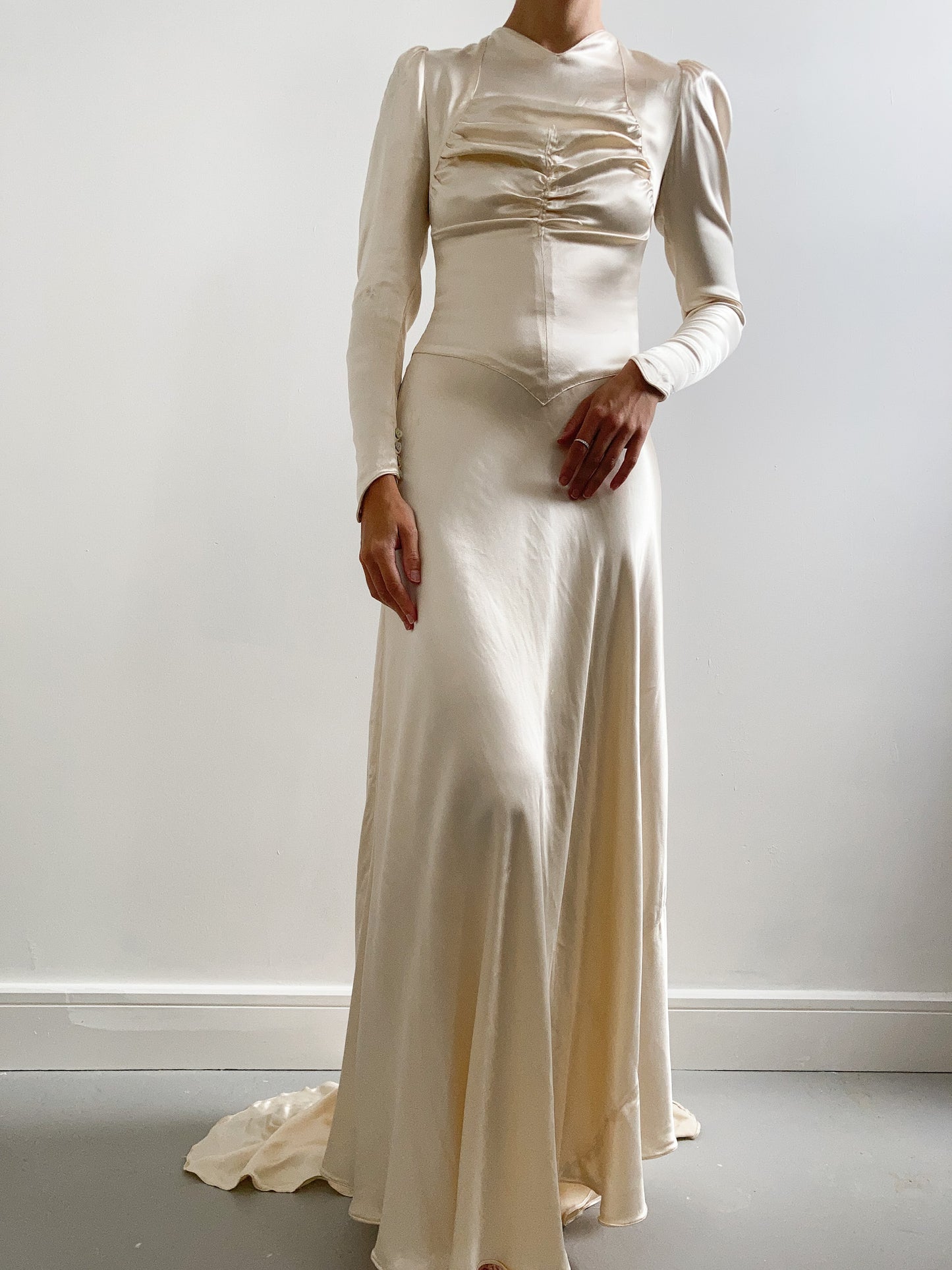 1930s Vanilla Silk Ruched Wedding Gown with Button Back