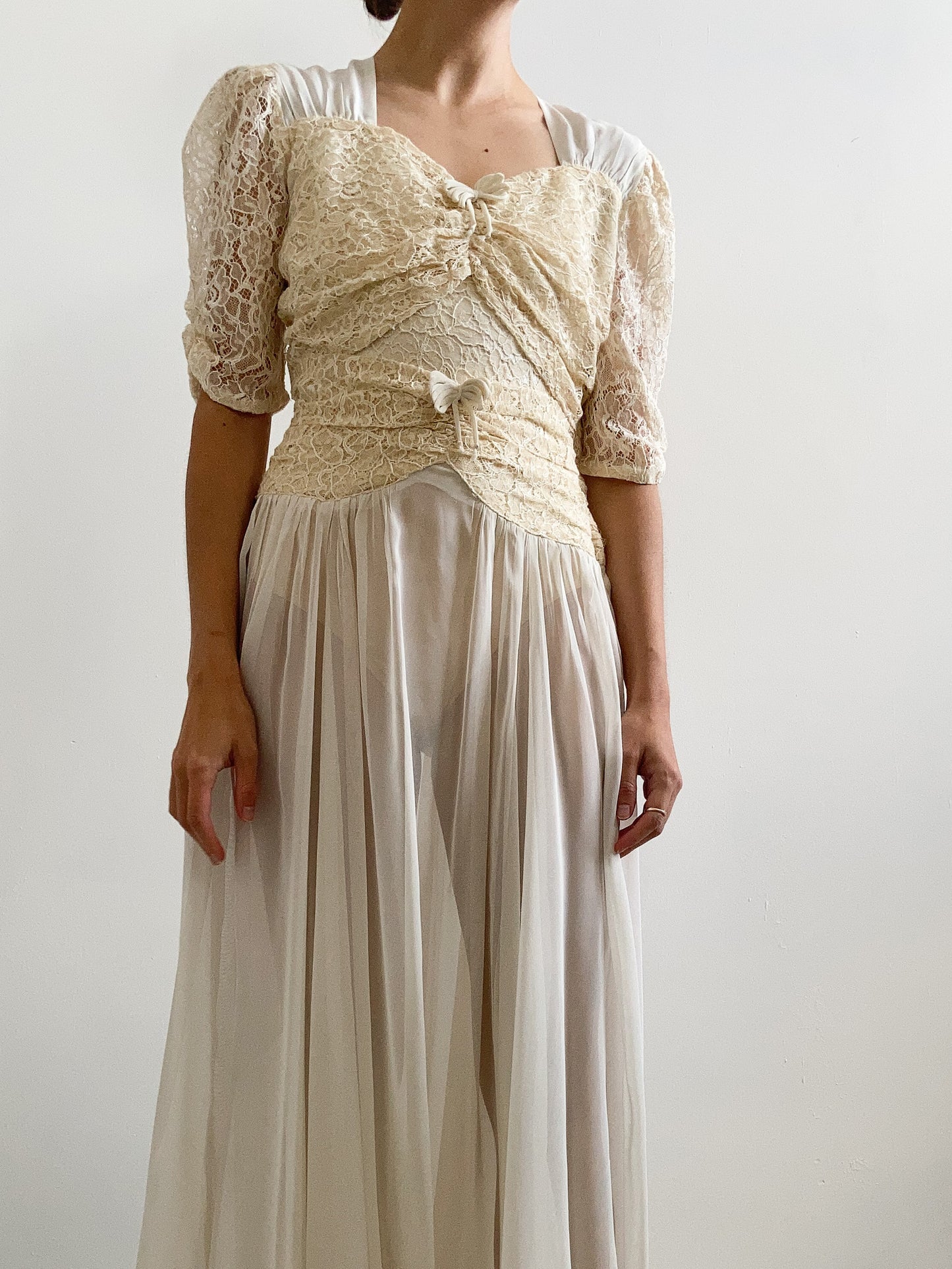 1940s Champagne Lace and Chiffon Wedding Dress with Bows