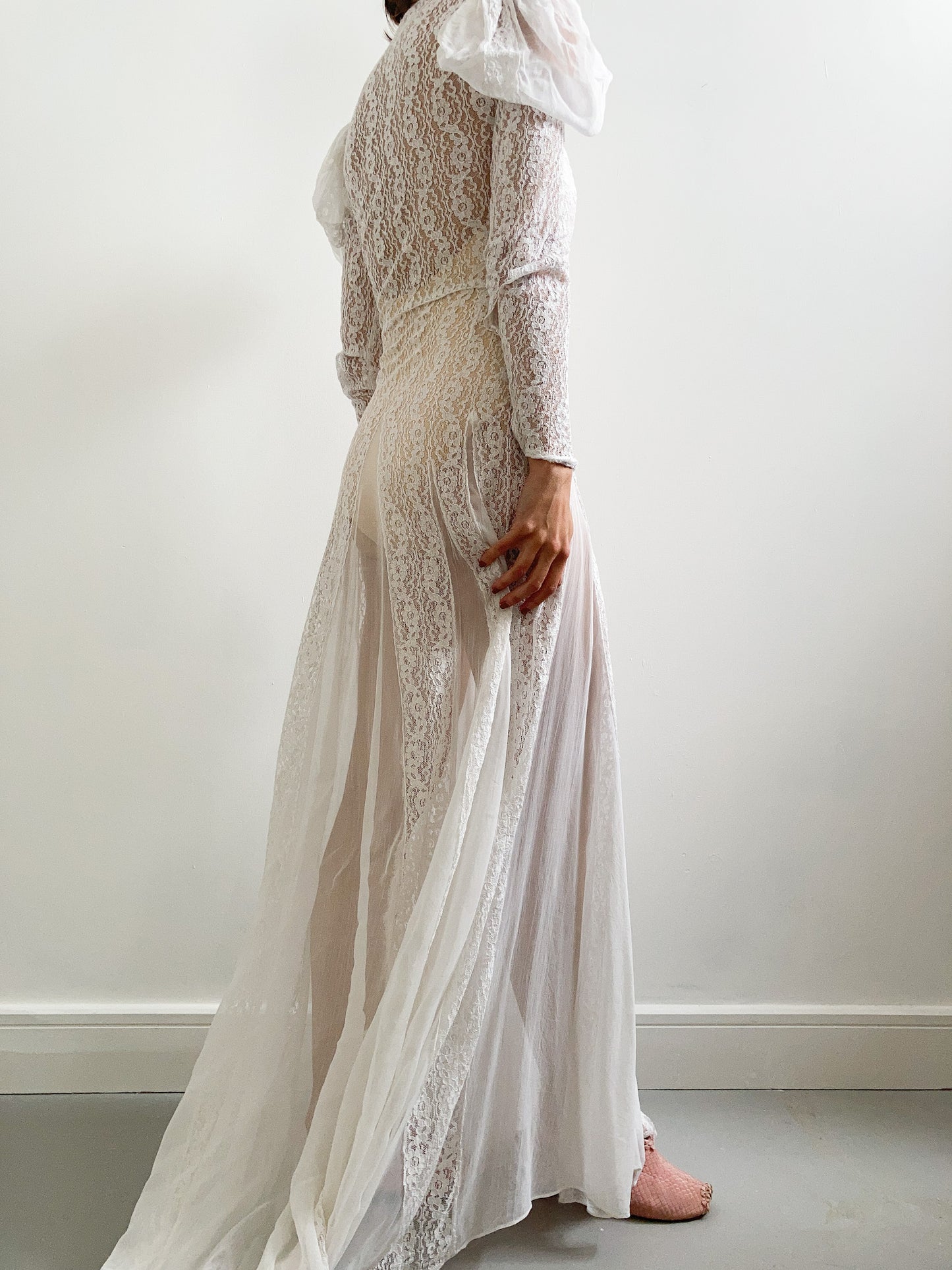 1930s Lace and Puff Sleeve Wedding Dress with Catherdal Train