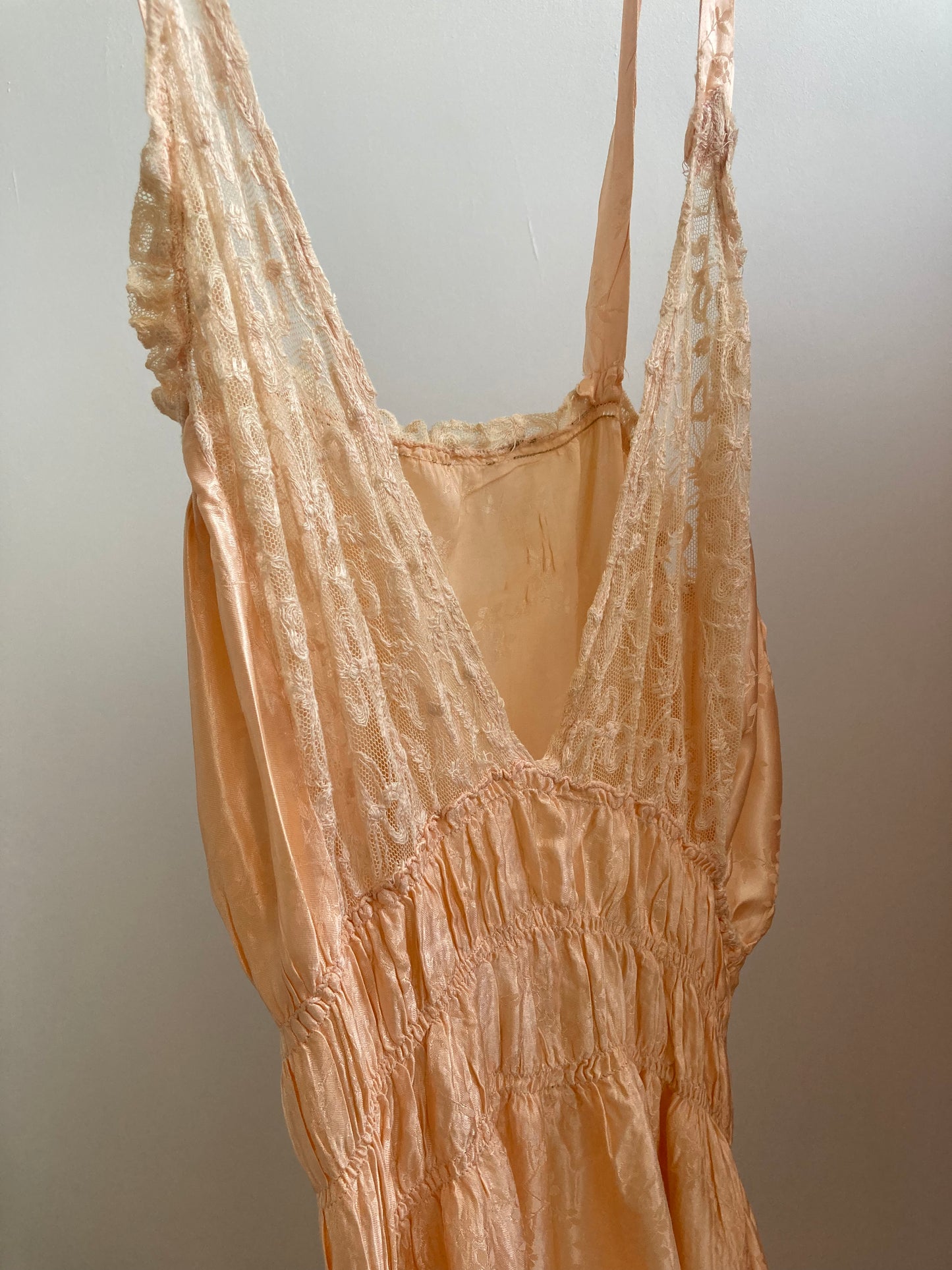 1930s Peach Floral Satin & Lace Slip with Tie Up Straps