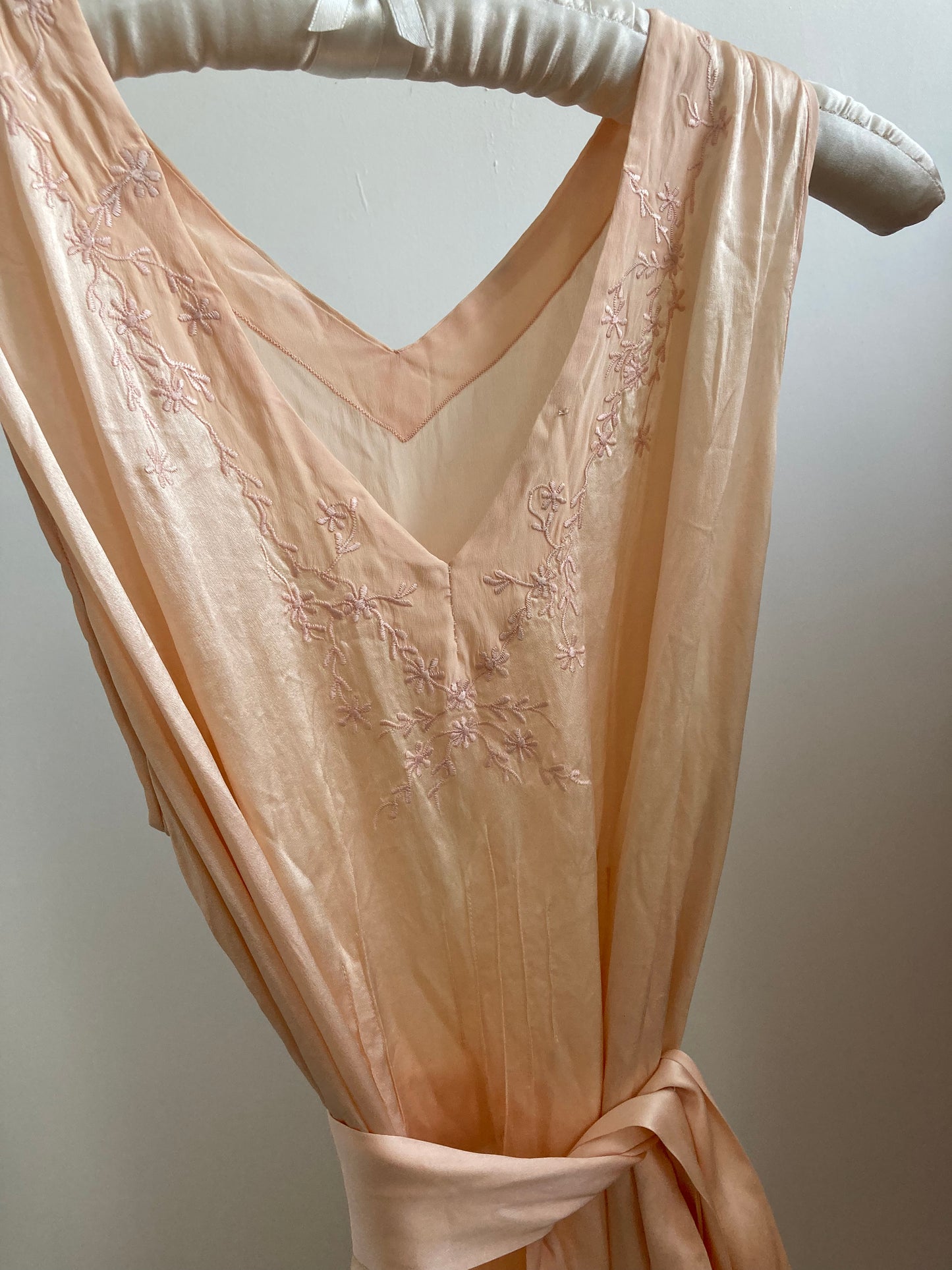 1930s Peach Satin Slip with Floral Embroidery