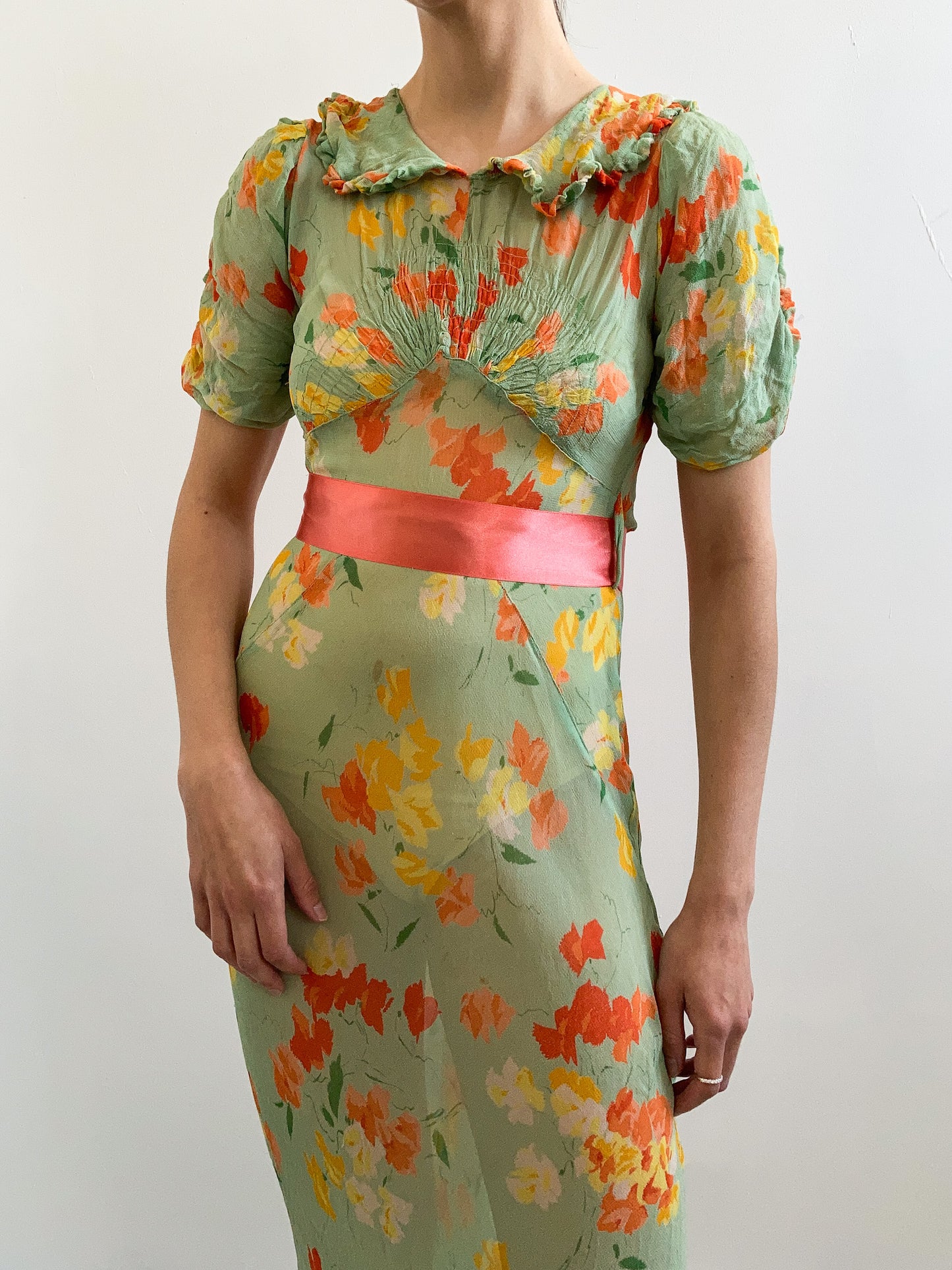 1930s Floral Chiffon Puff Sleeve Dress