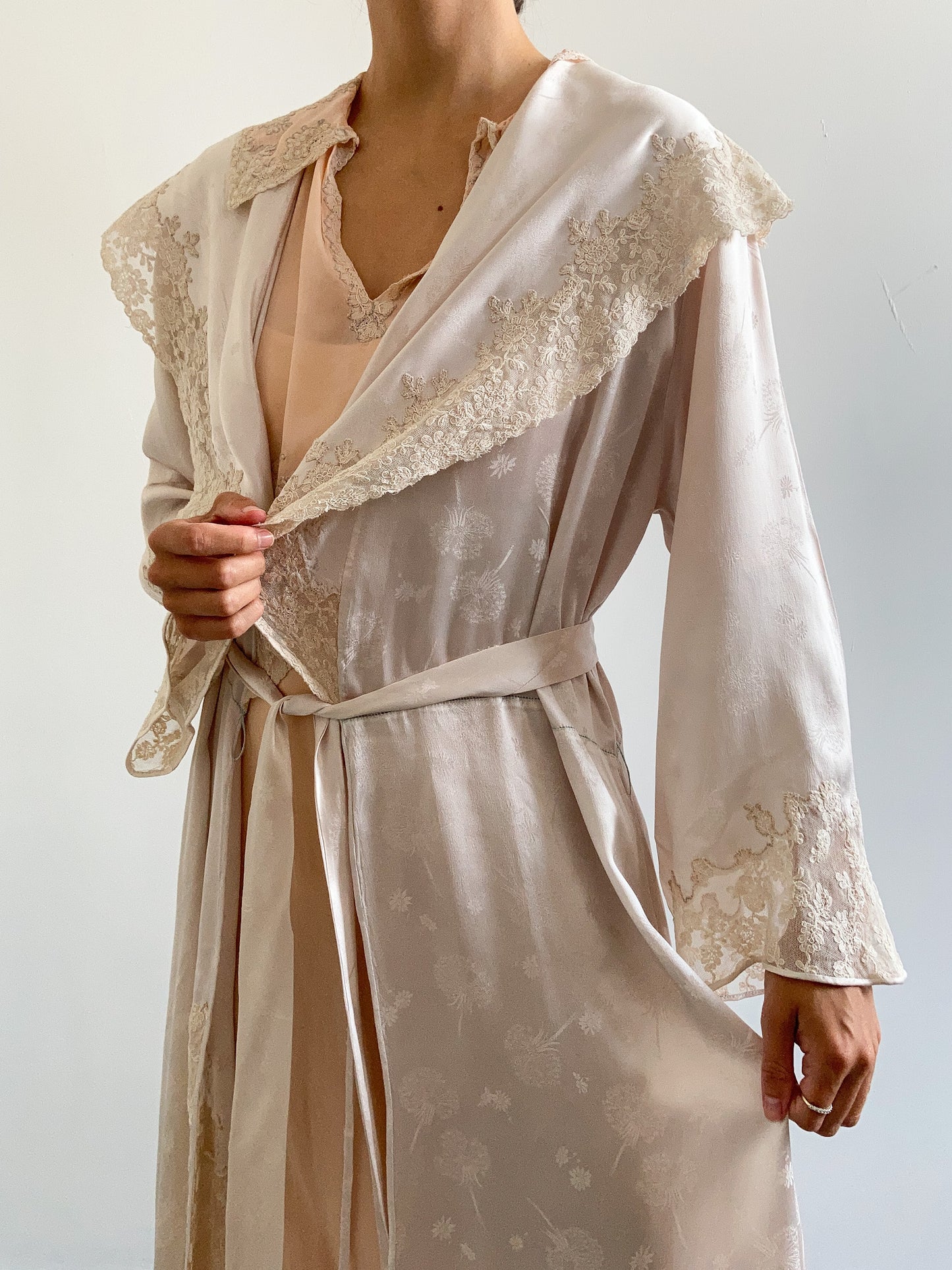 1930s Silk Floral Collared Robe with Alencon Lace