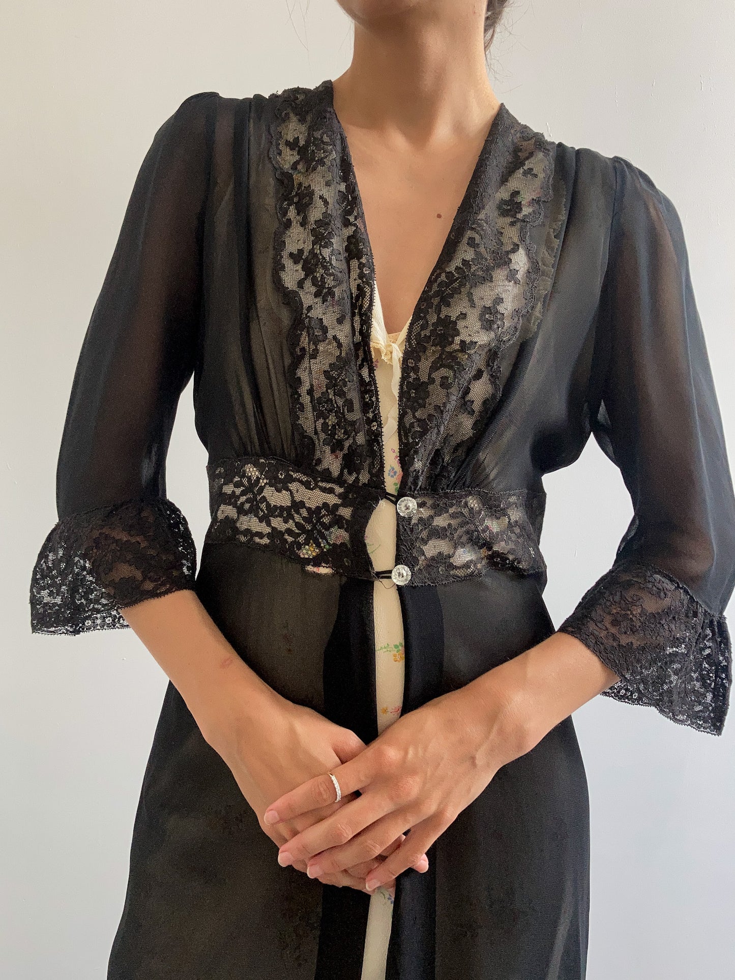 1930s Black  Chiffon Robe with Floral Lace