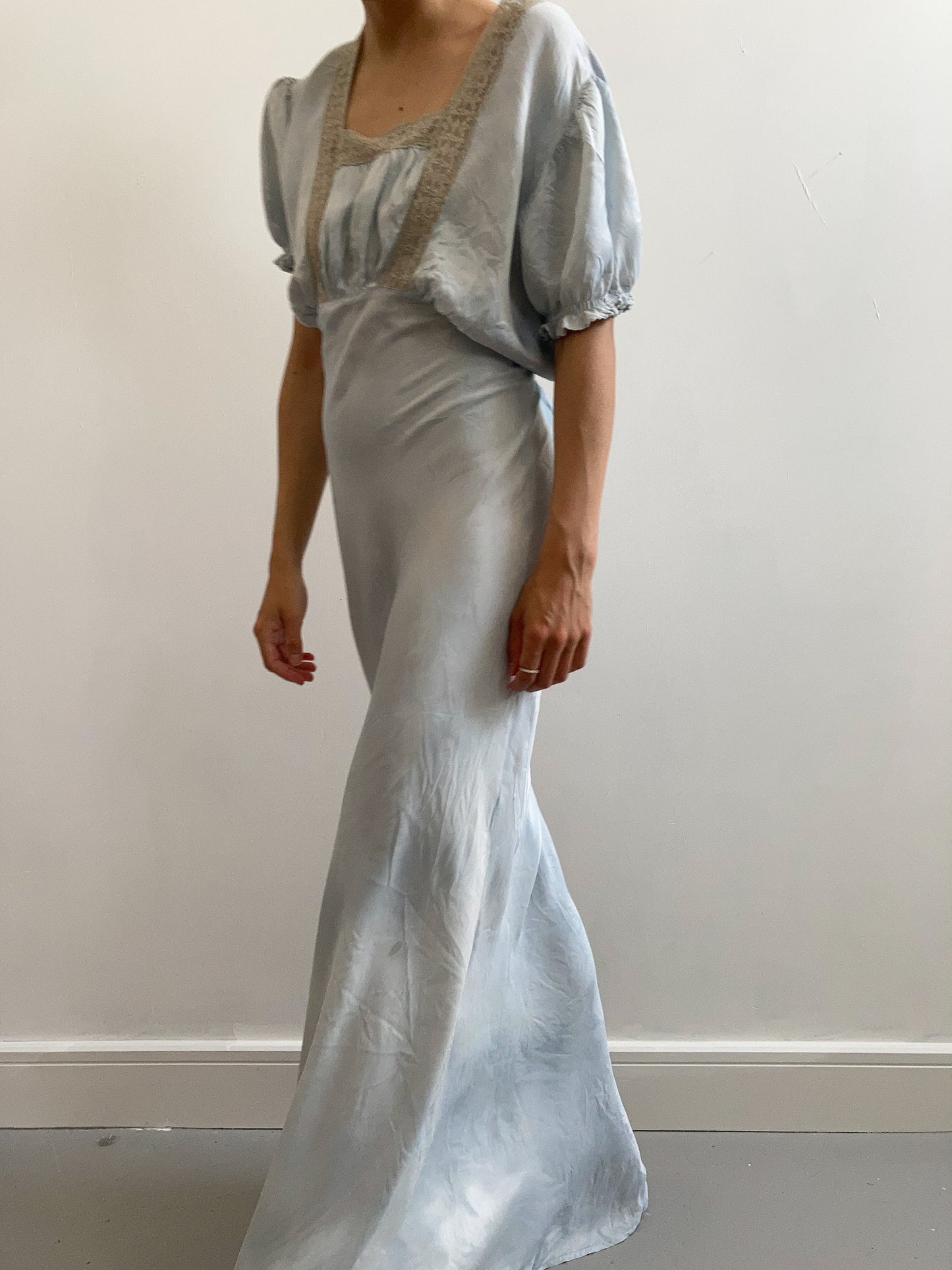 1930s Silk Satin Gathered Puff Sleeve Dyed Slip Gown - Ice