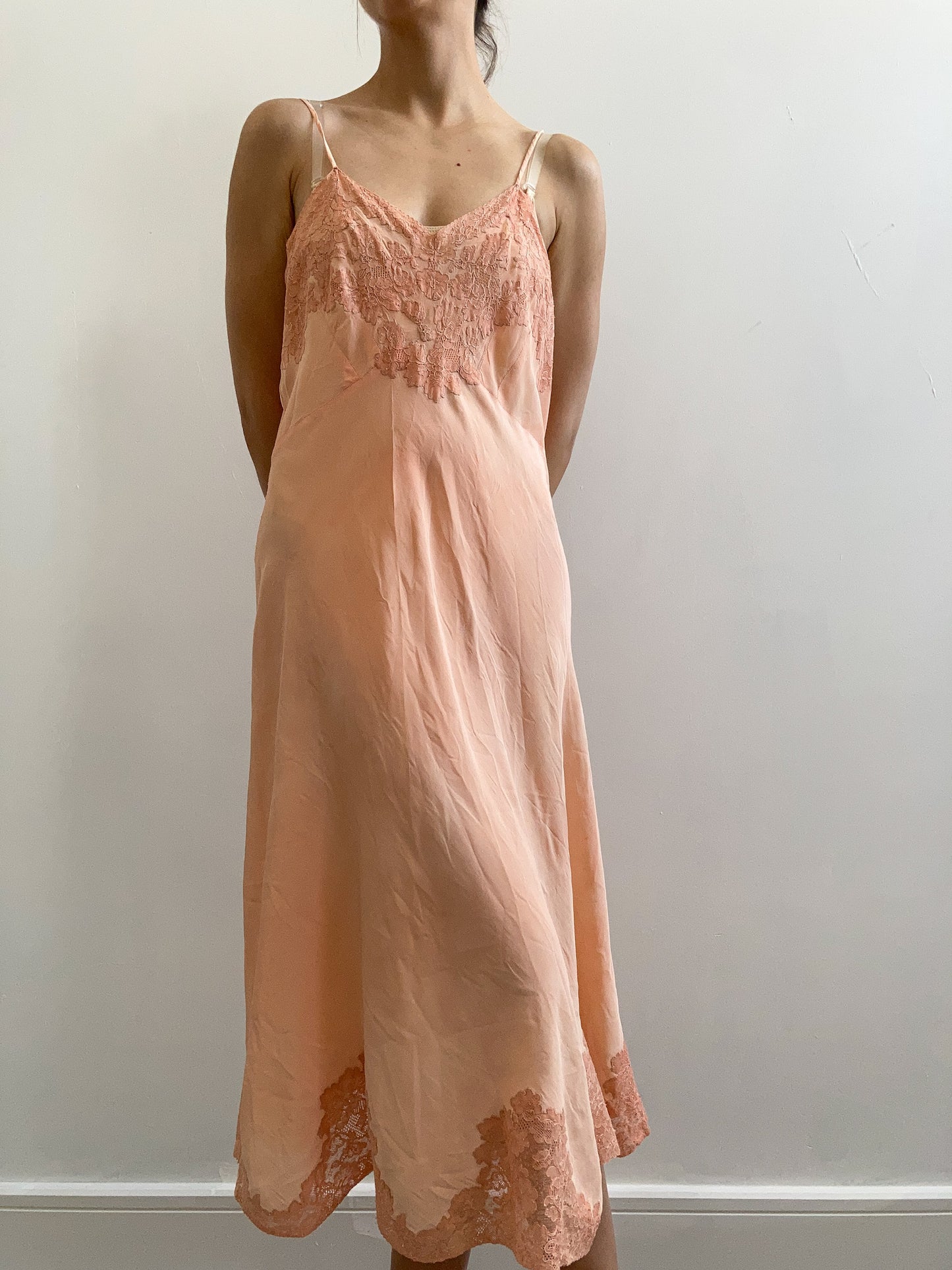 1940s Silk Crepe Floral Embroidered Dyed Slip - Coral