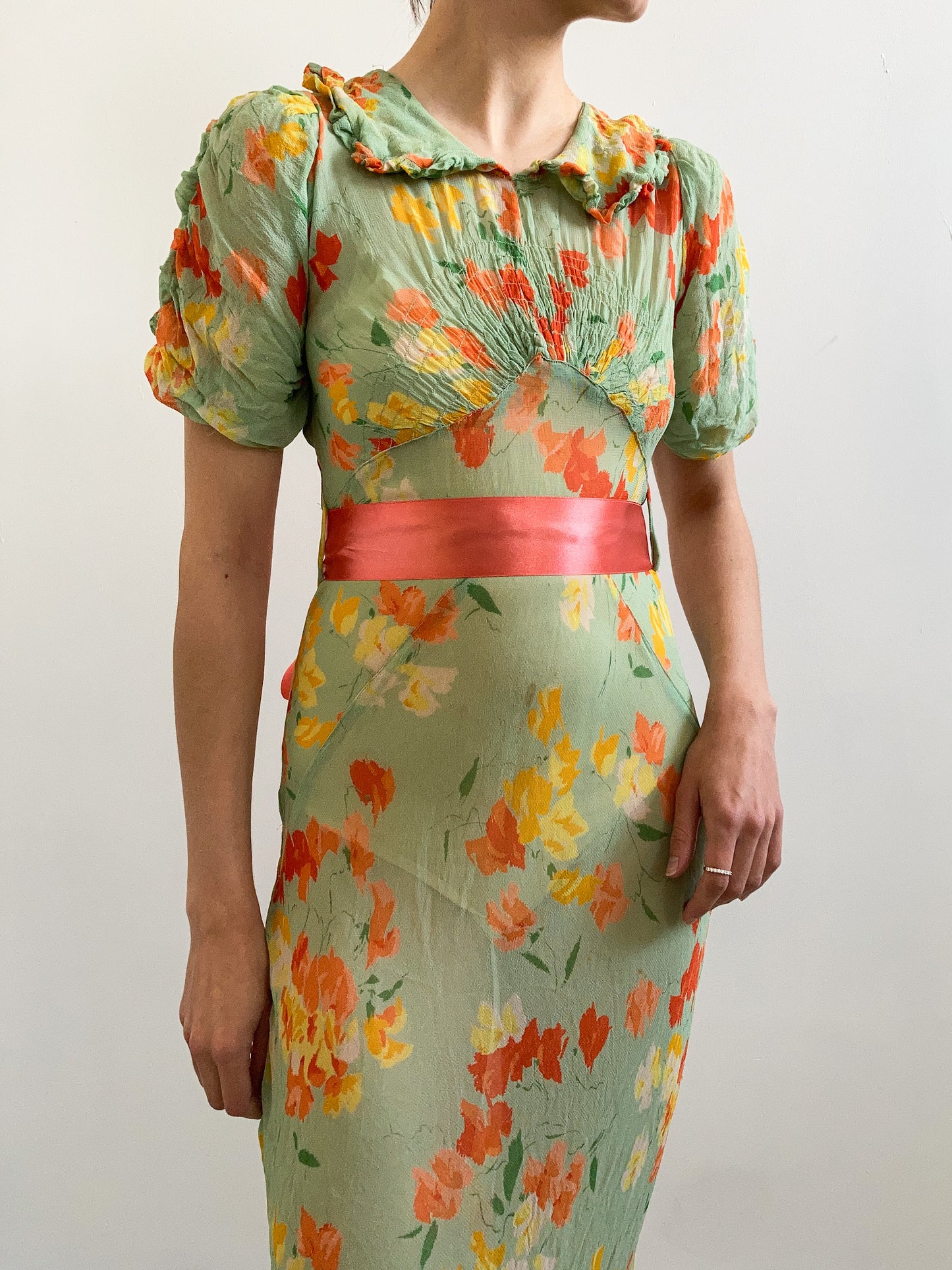 1930s Floral Chiffon Puff Sleeve Dress