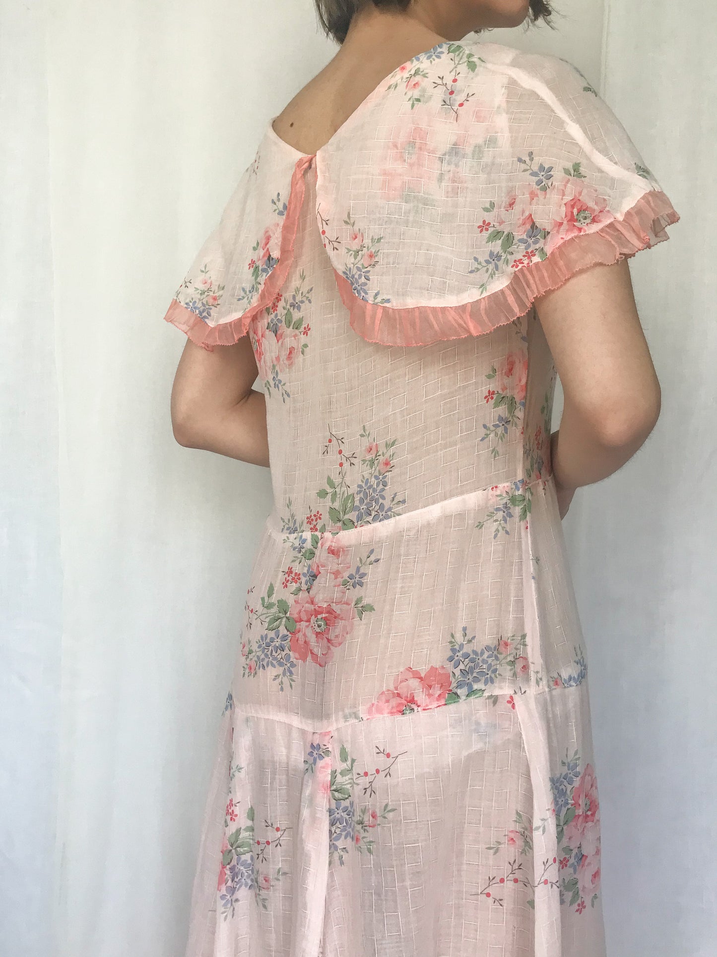 1930s Sheer Organdy Rose Print Tea Dress