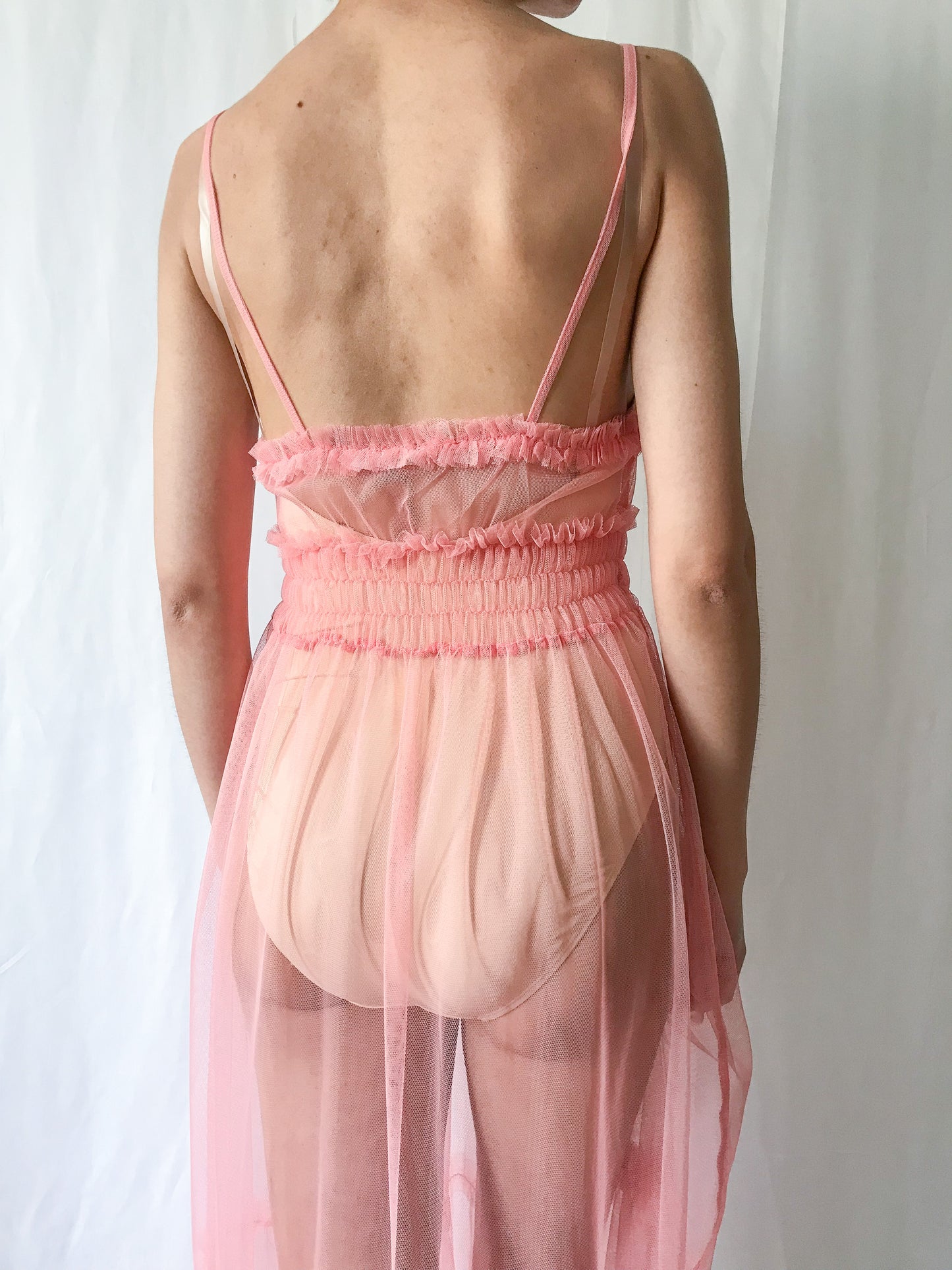 Vintage Sheer Net Pink Ruffled Slip