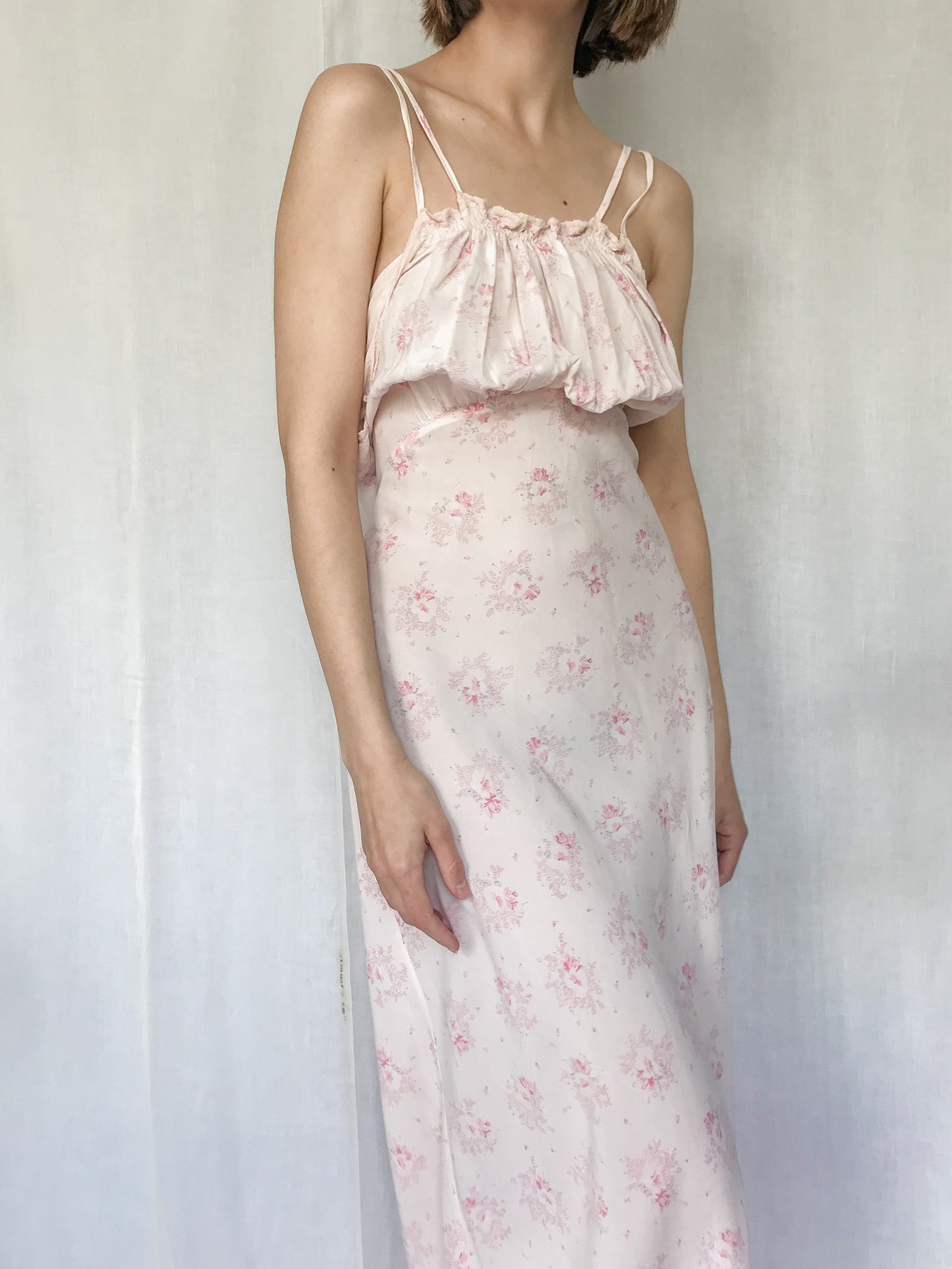 1930s Rose Print Silk Strappy Gown