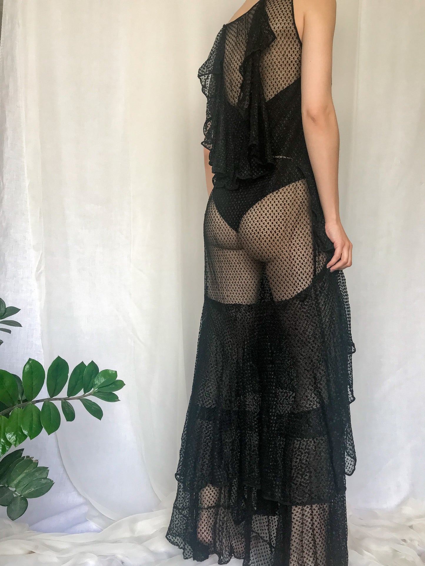 1930s Black Sheer Ruffled Net Gown