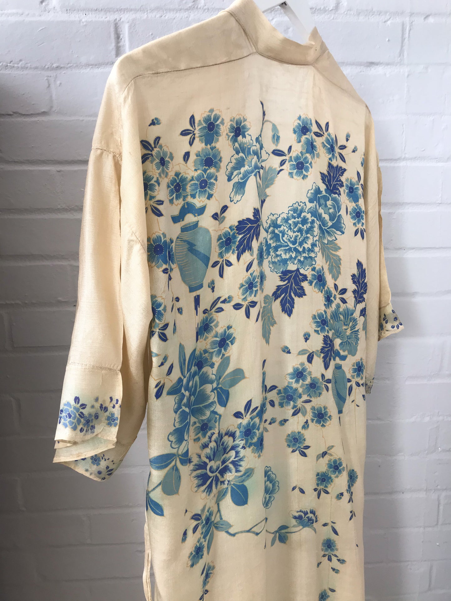 Antique Silk Kimono Robe with Blue Flowers
