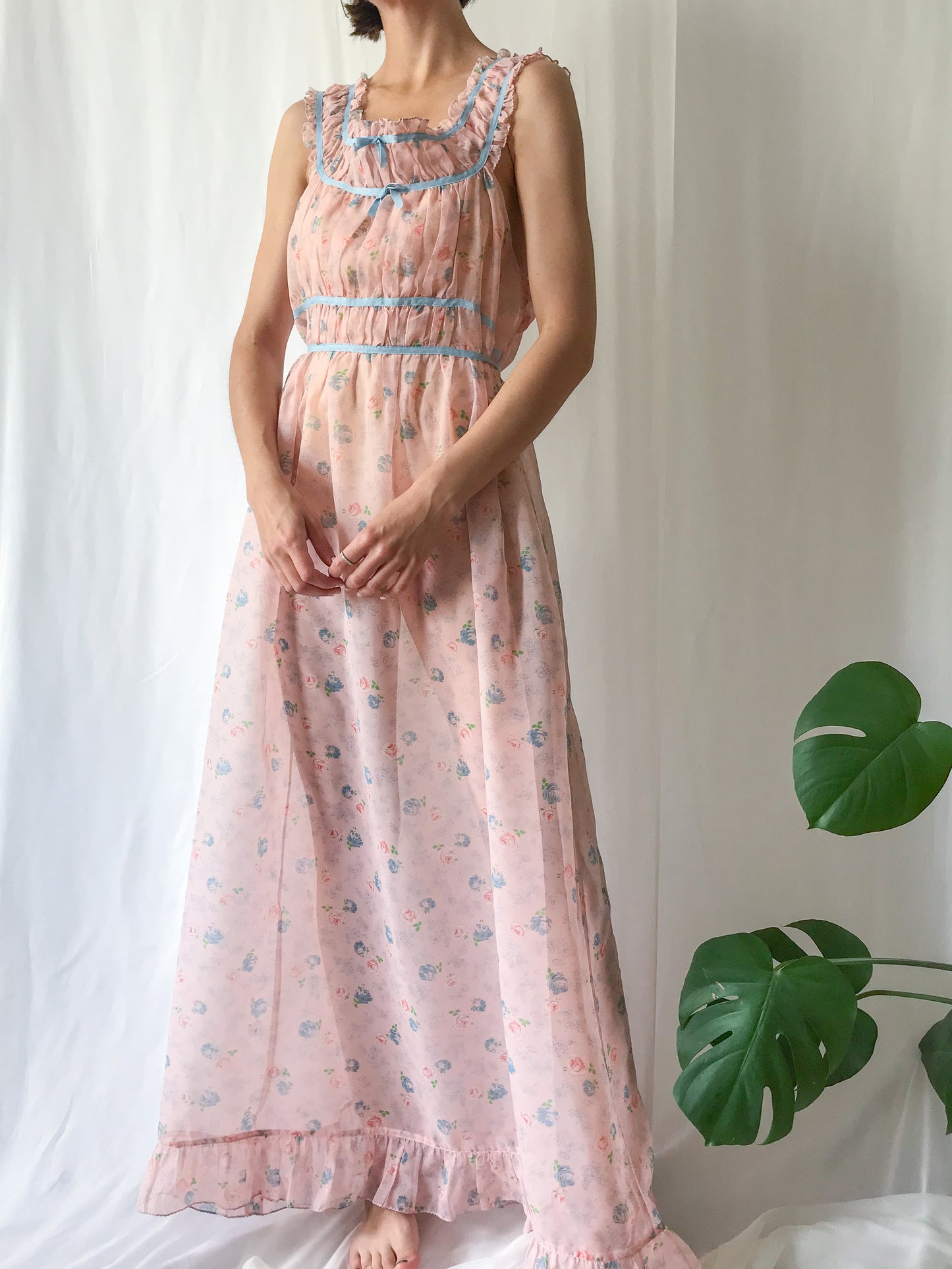Vintage Pink Sheer Ruffled Floral Gown