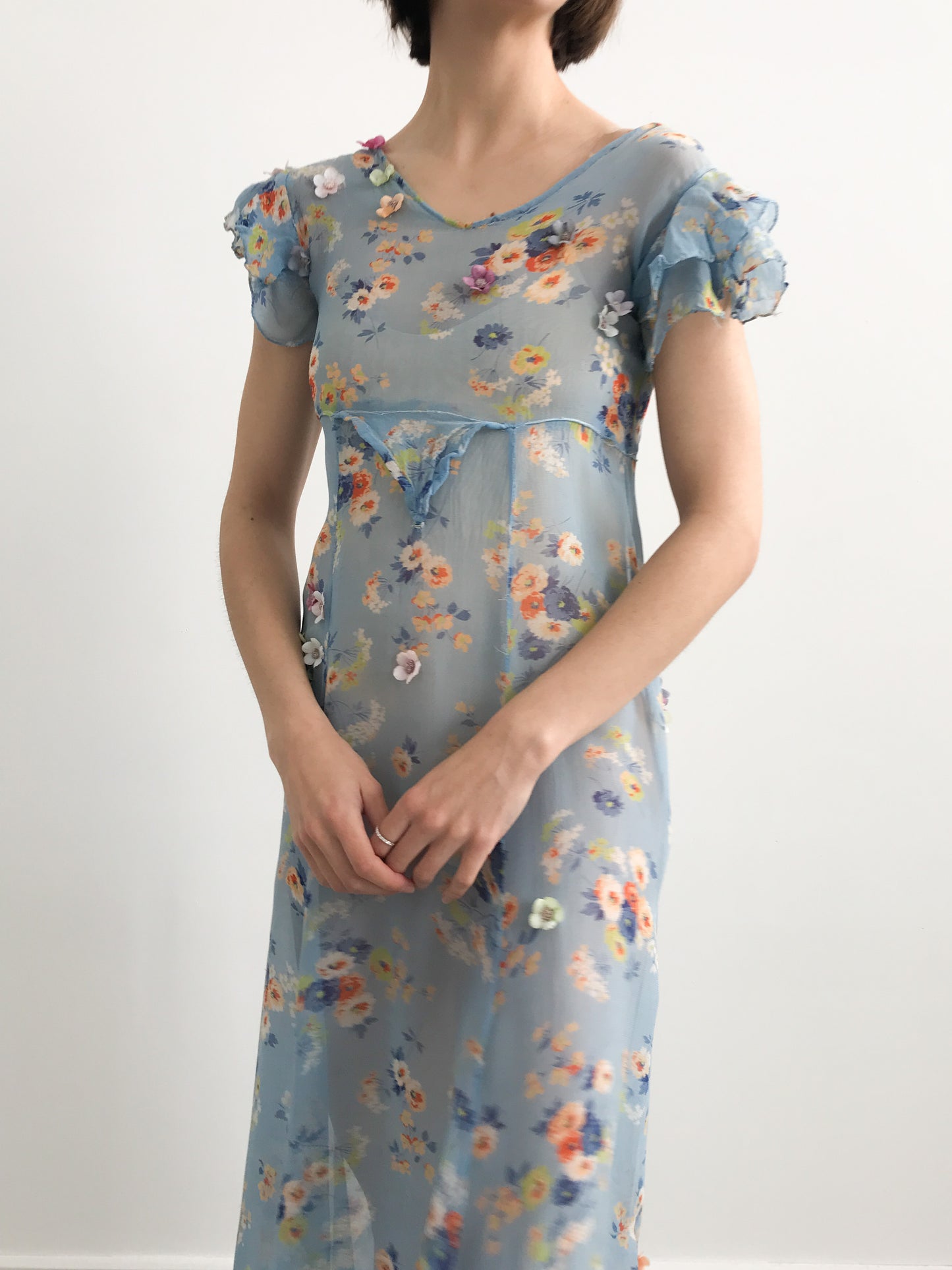 1930s Reworked Blue Floral Chiffon Dress