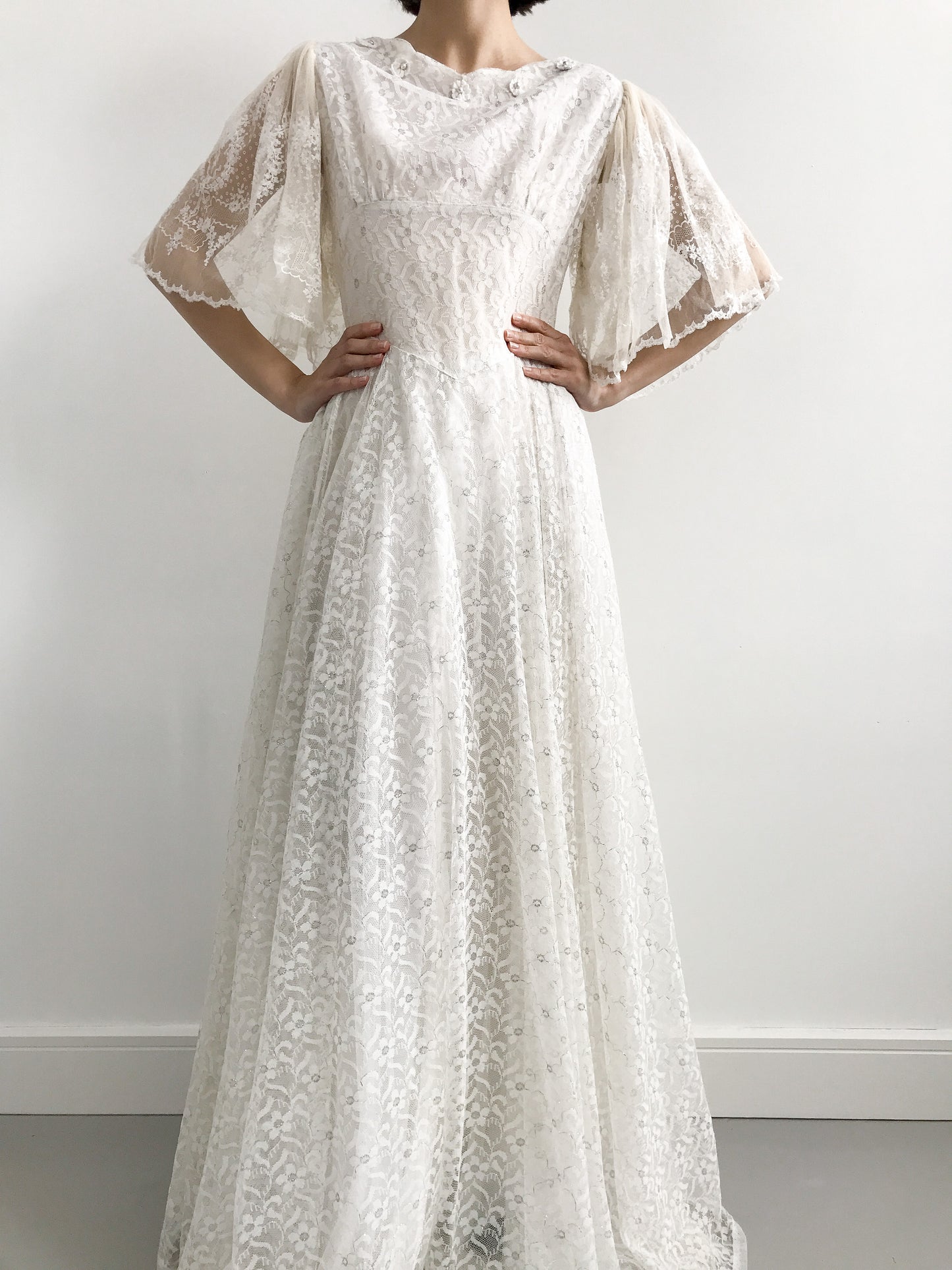 1940s Flutter Sleeve & Lace Wedding Dress