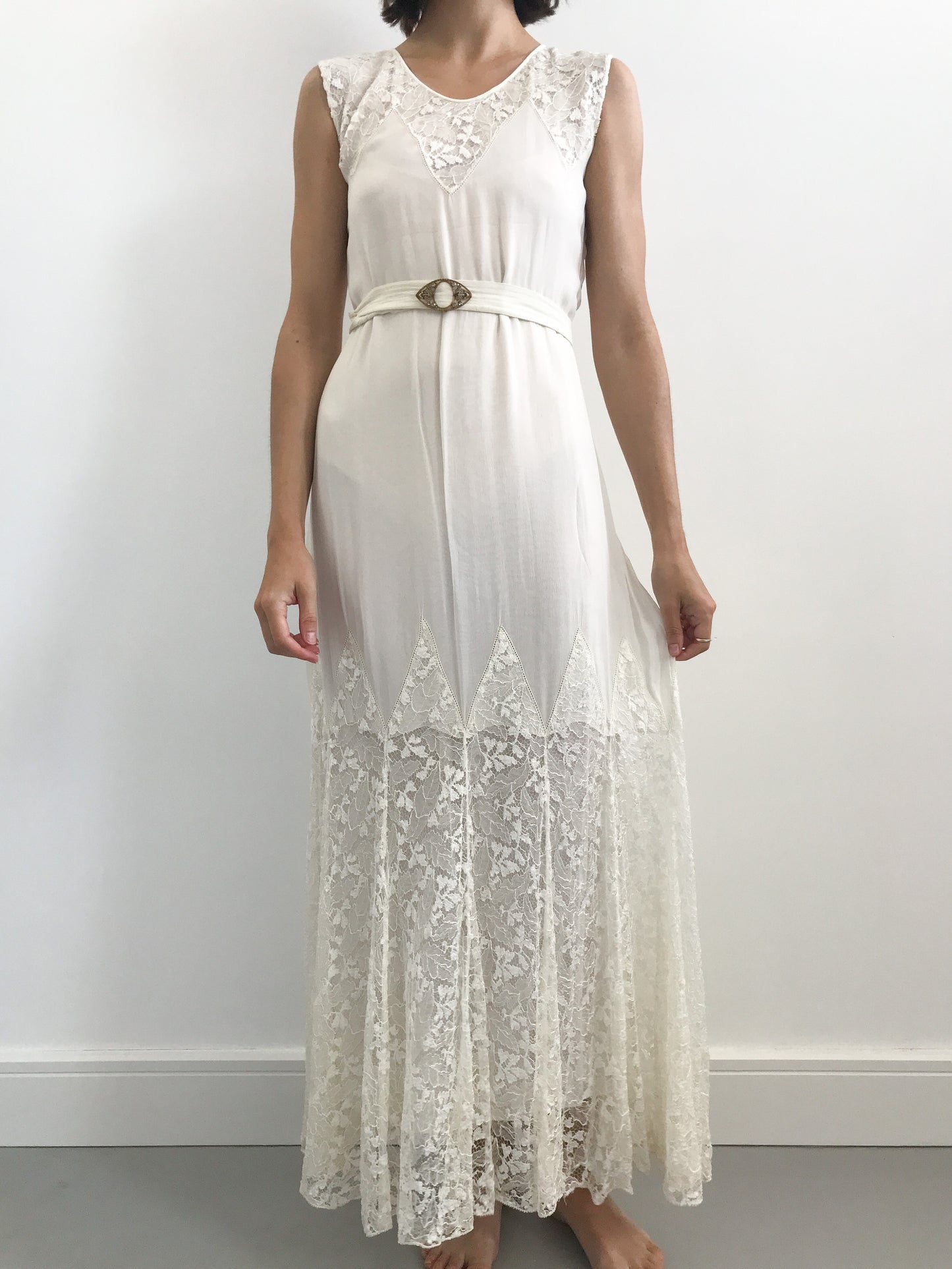 1930s Chiffon & Floral Lace Wedding Gown