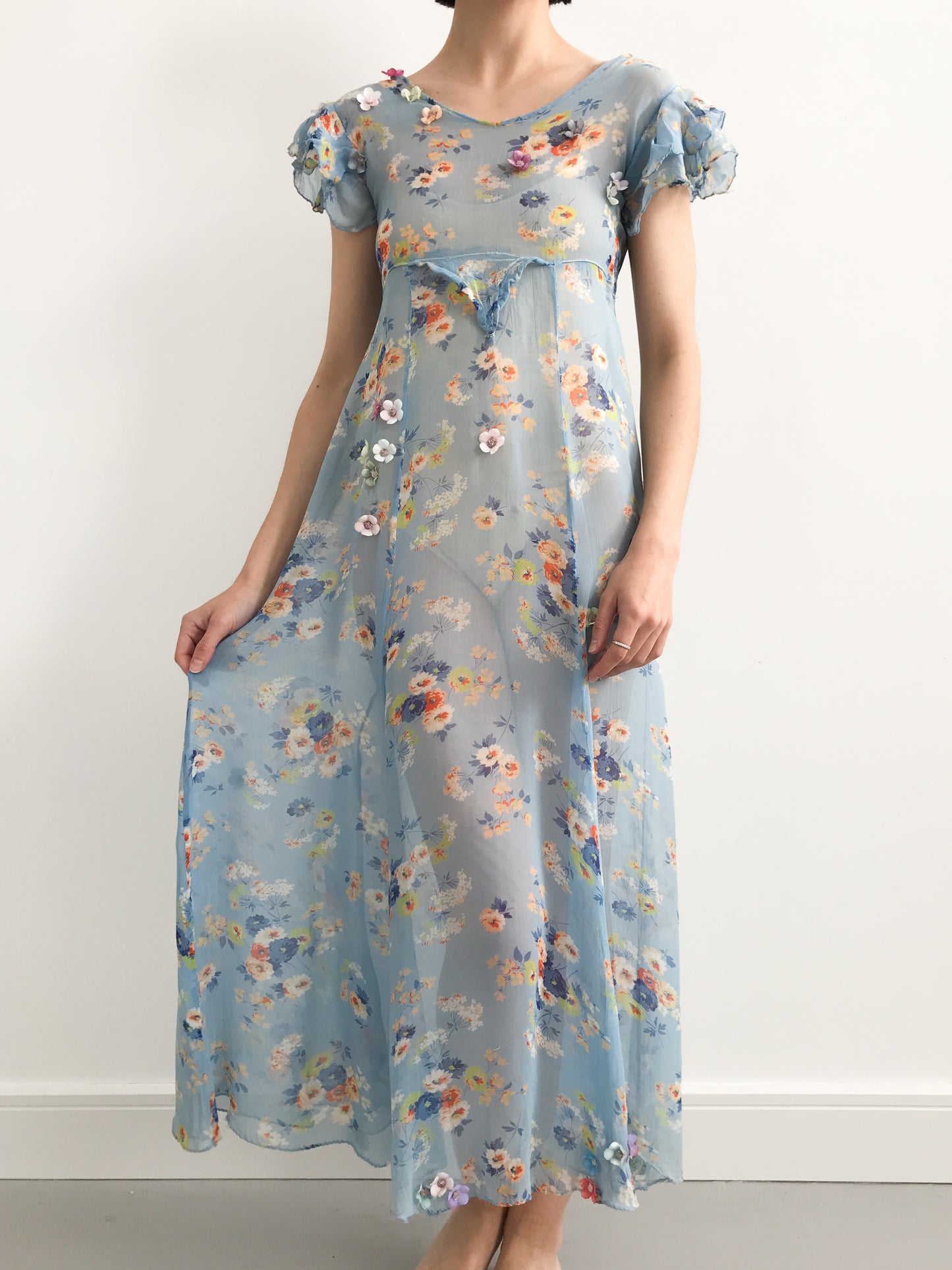 1930s Reworked Blue Floral Chiffon Dress