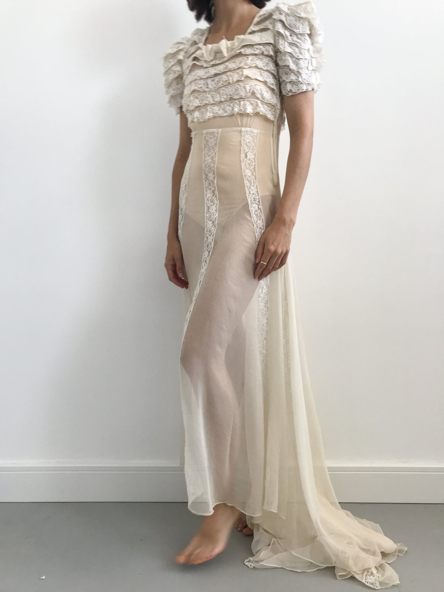 1930s Sheer Net & Lace Wedding Dress