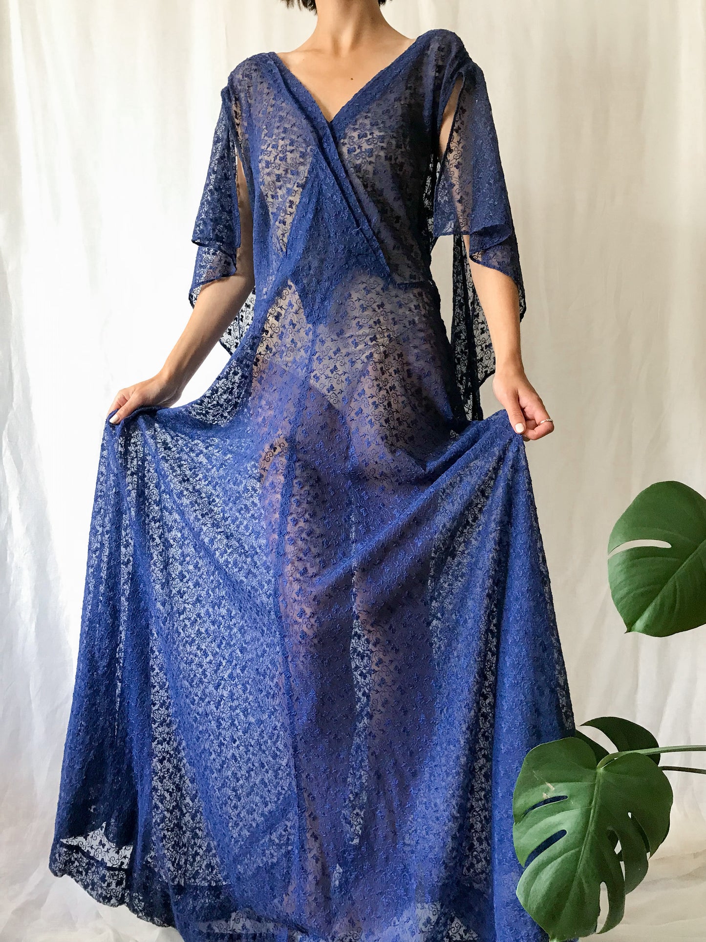 1940s Blue Net Lace Evening Gown