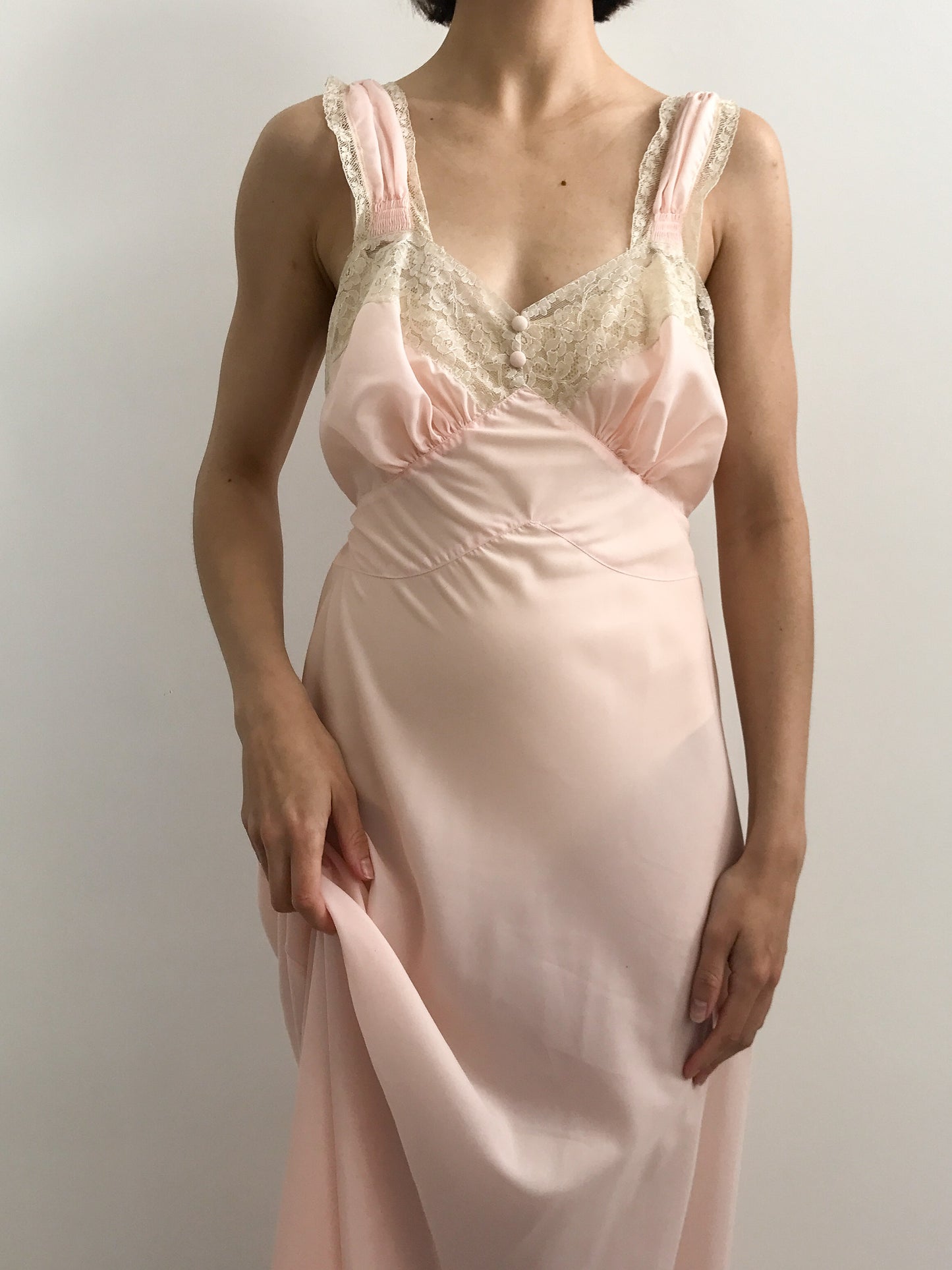 40s Pink Gathered Strappy Slip Gown
