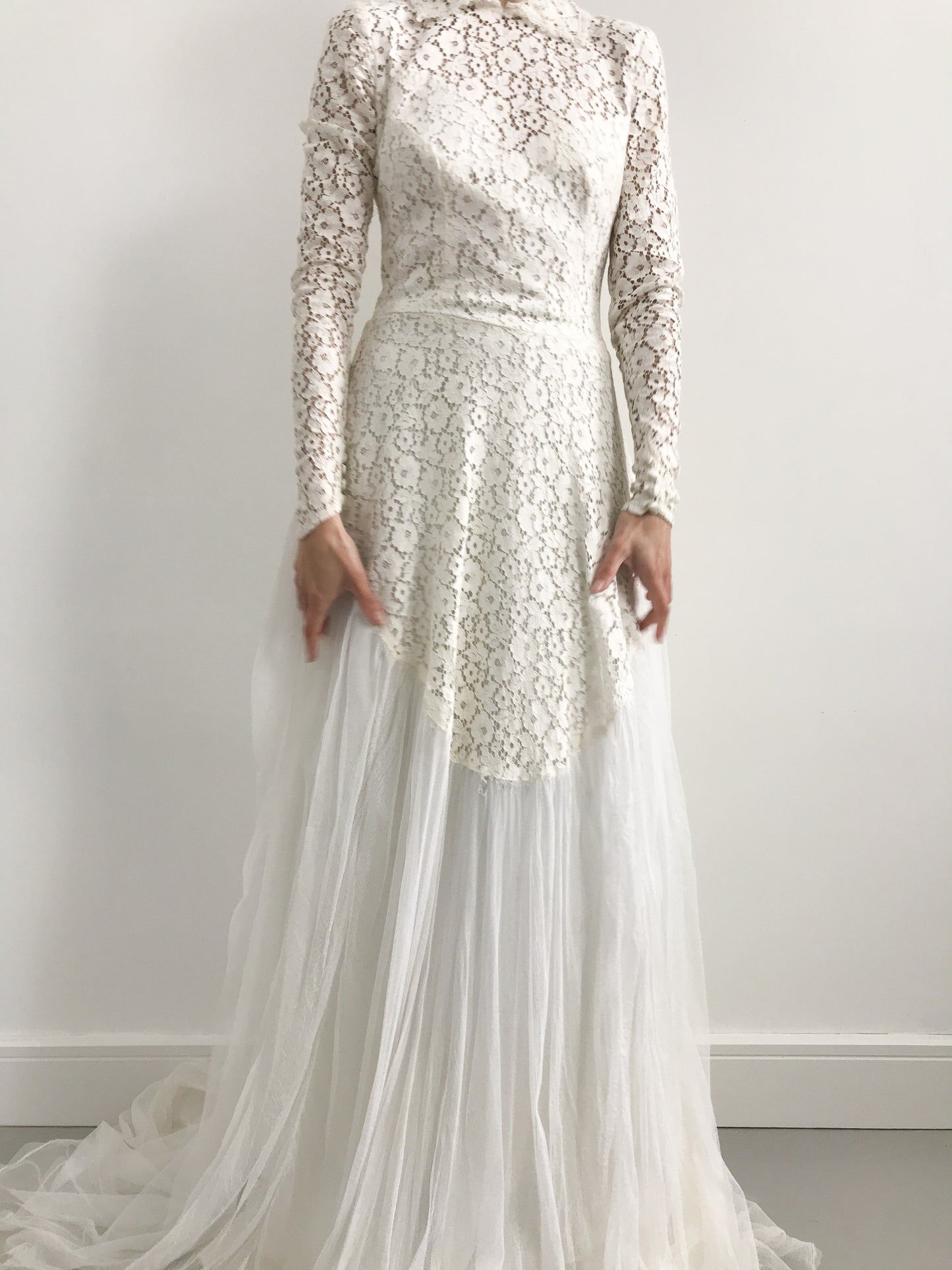 1940s Floral Lace and Tulle Wedding Dress