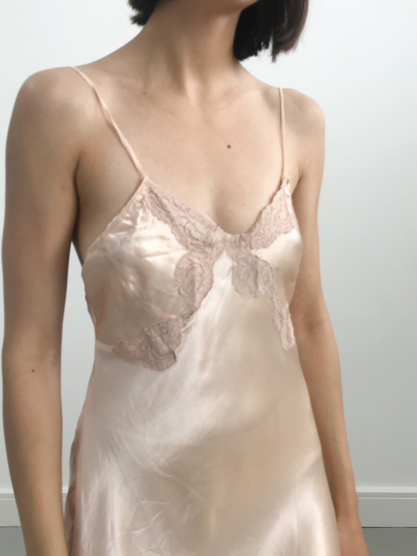 1930s Crepe Satin Lace Embroidered Slip
