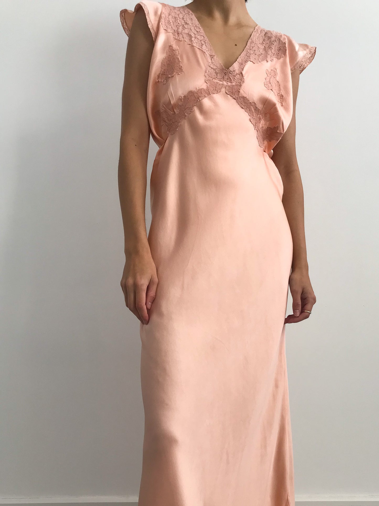 1930s Pink Silk Lace Gown with Cap Sleeves