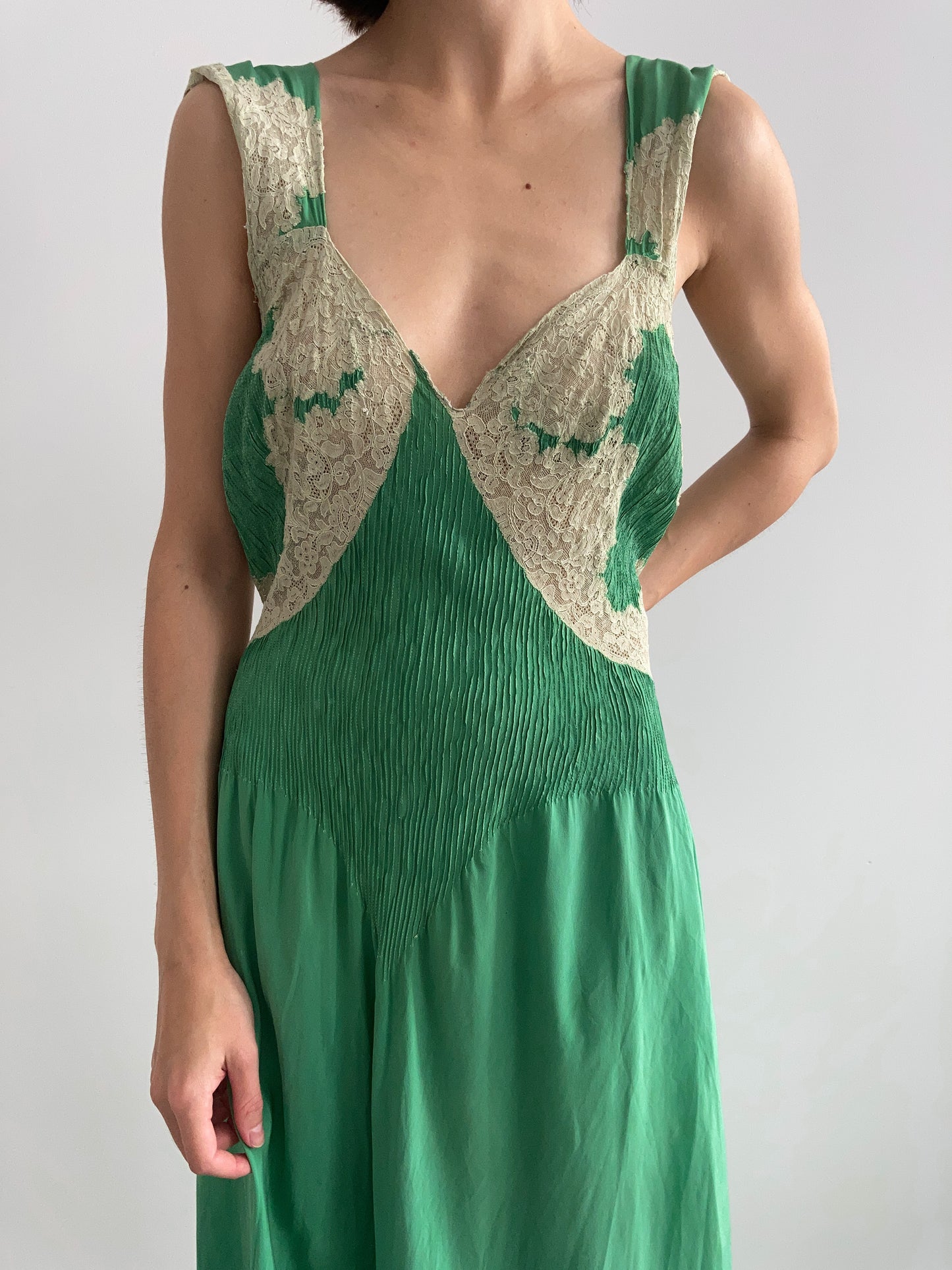 1930s Dyed Silk and Lace Gown - Green