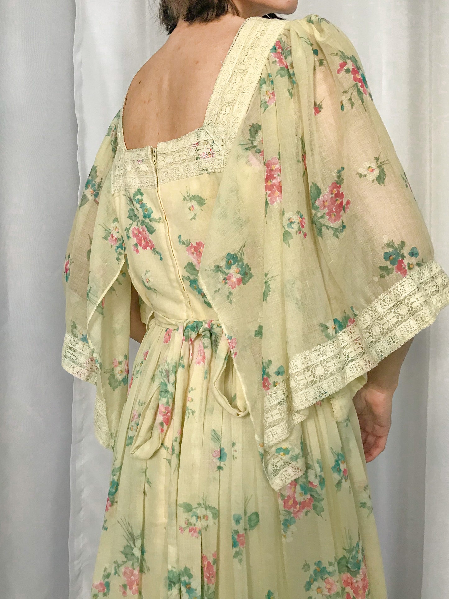 1970s Yellow Floral Angel Sleeve Dress
