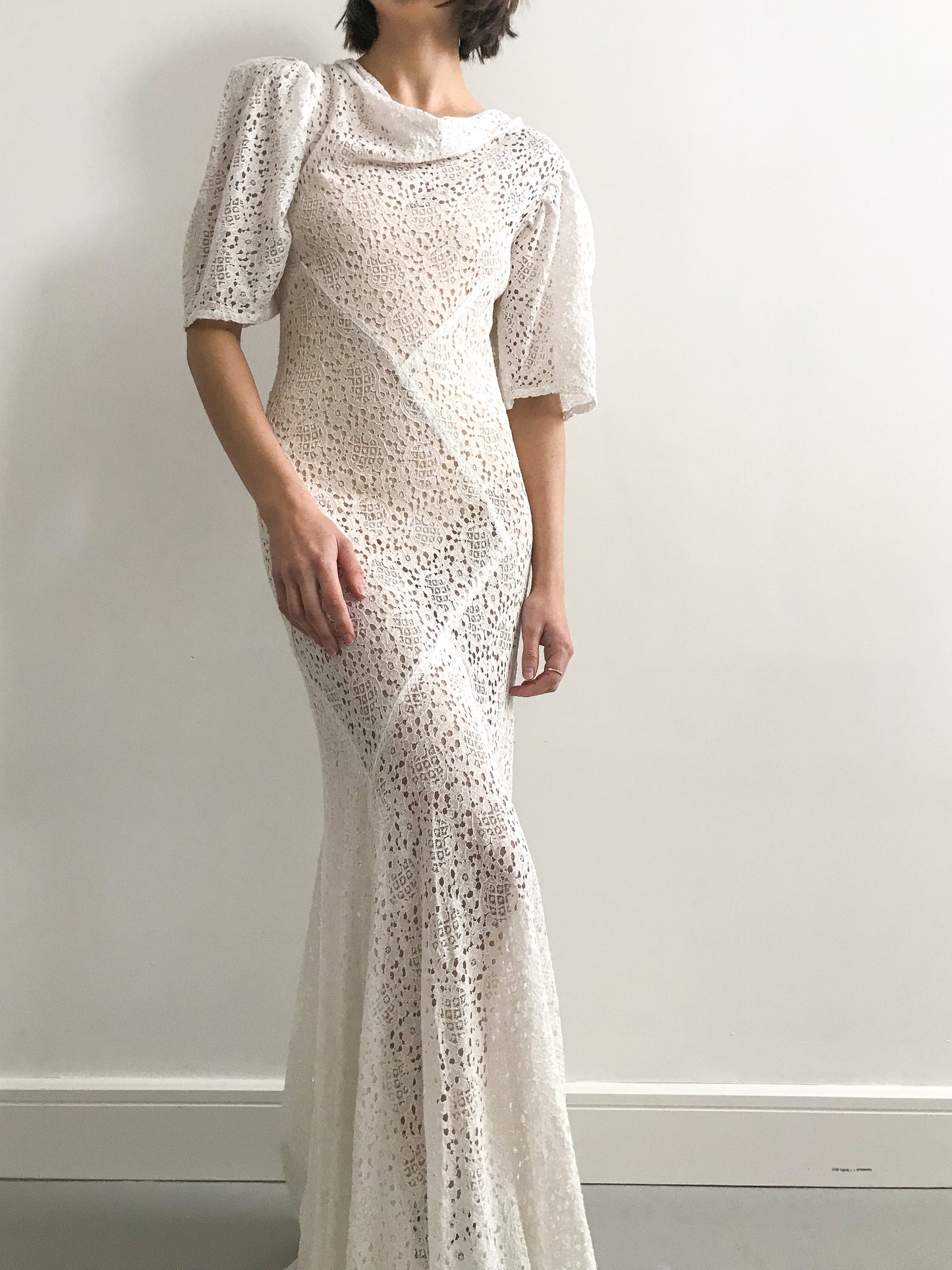 1930s Cowl Neck Lace Wedding Dress