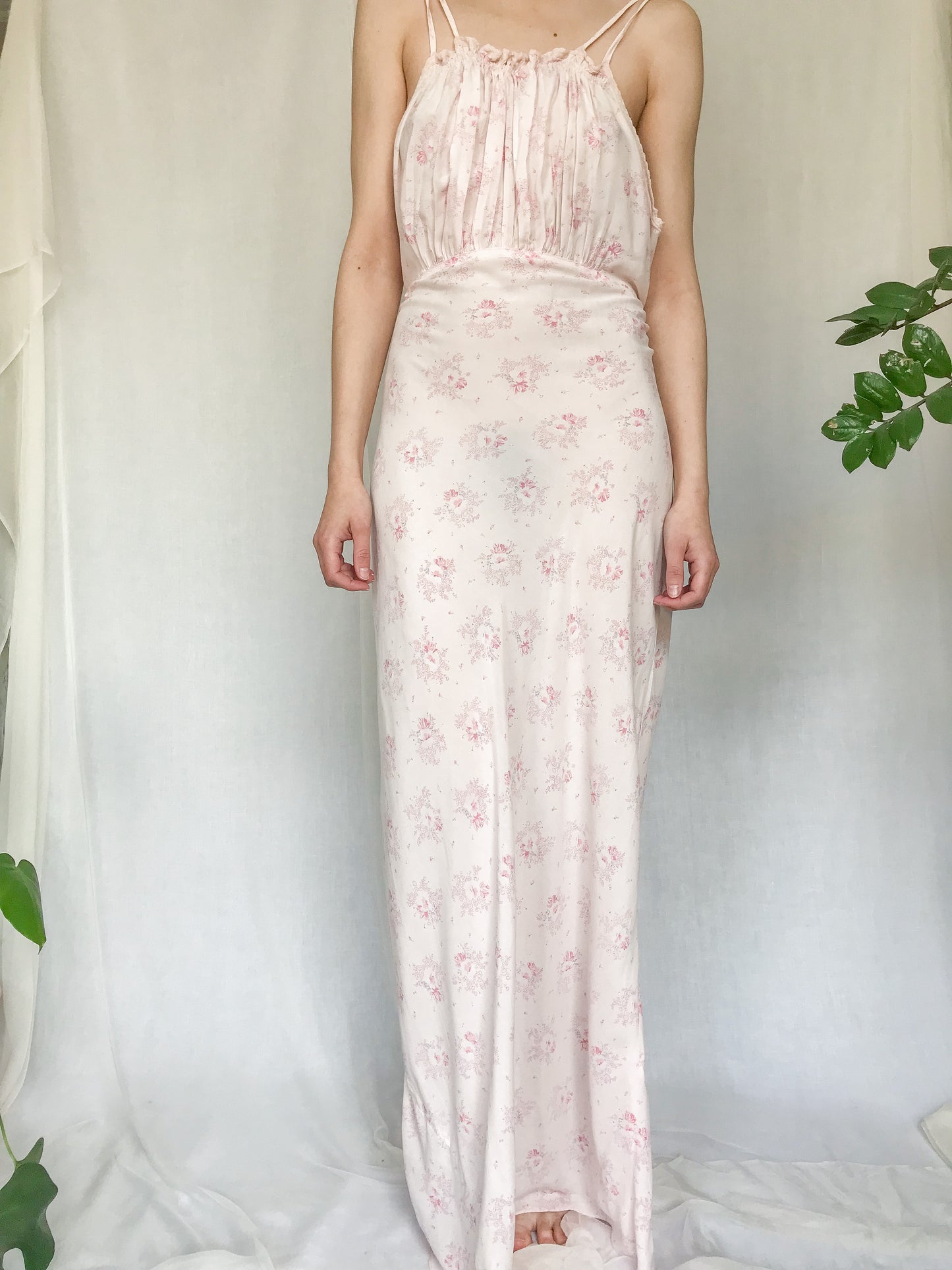 1930s Rose Print Silk Strappy Gown